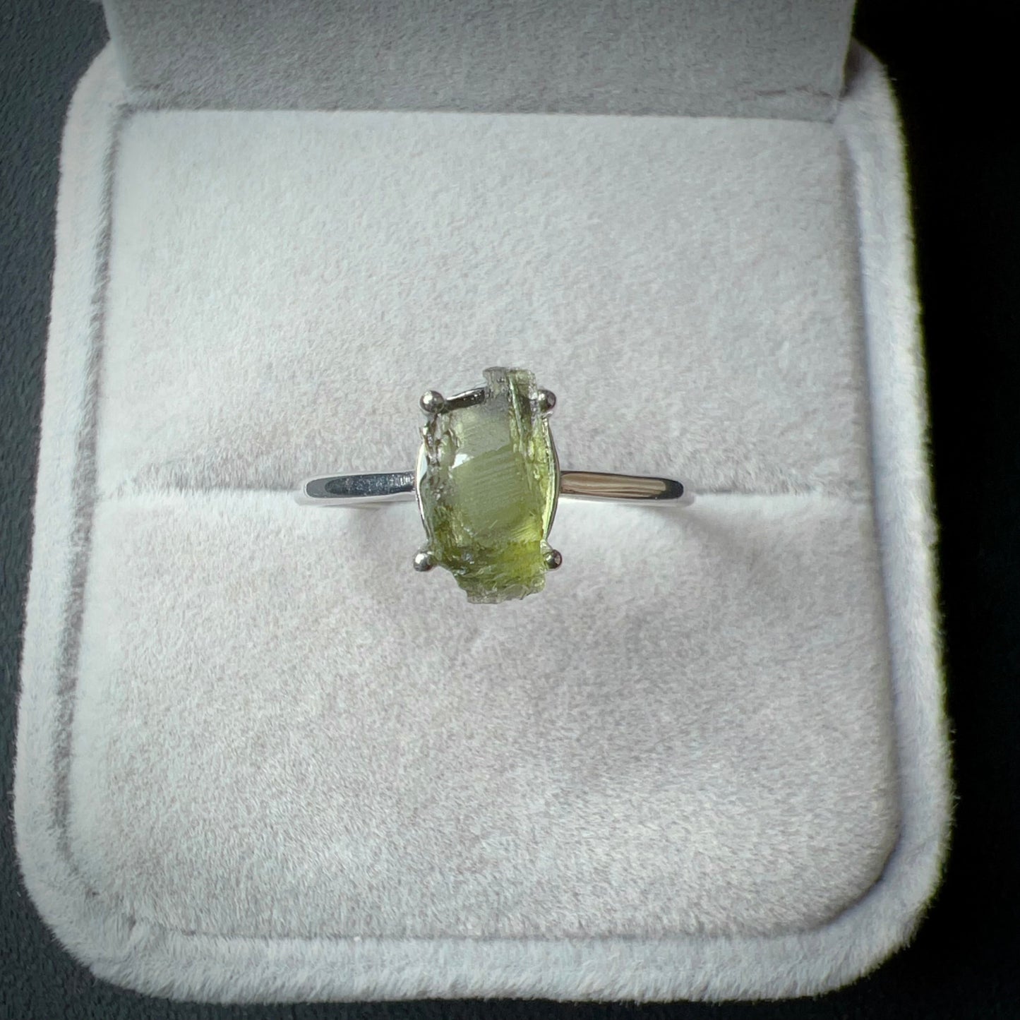 Handmade Natural Moldavite Raw Stone Ring 925 Sterling Silver Prongs | Rare High-Frequency Healing Stone