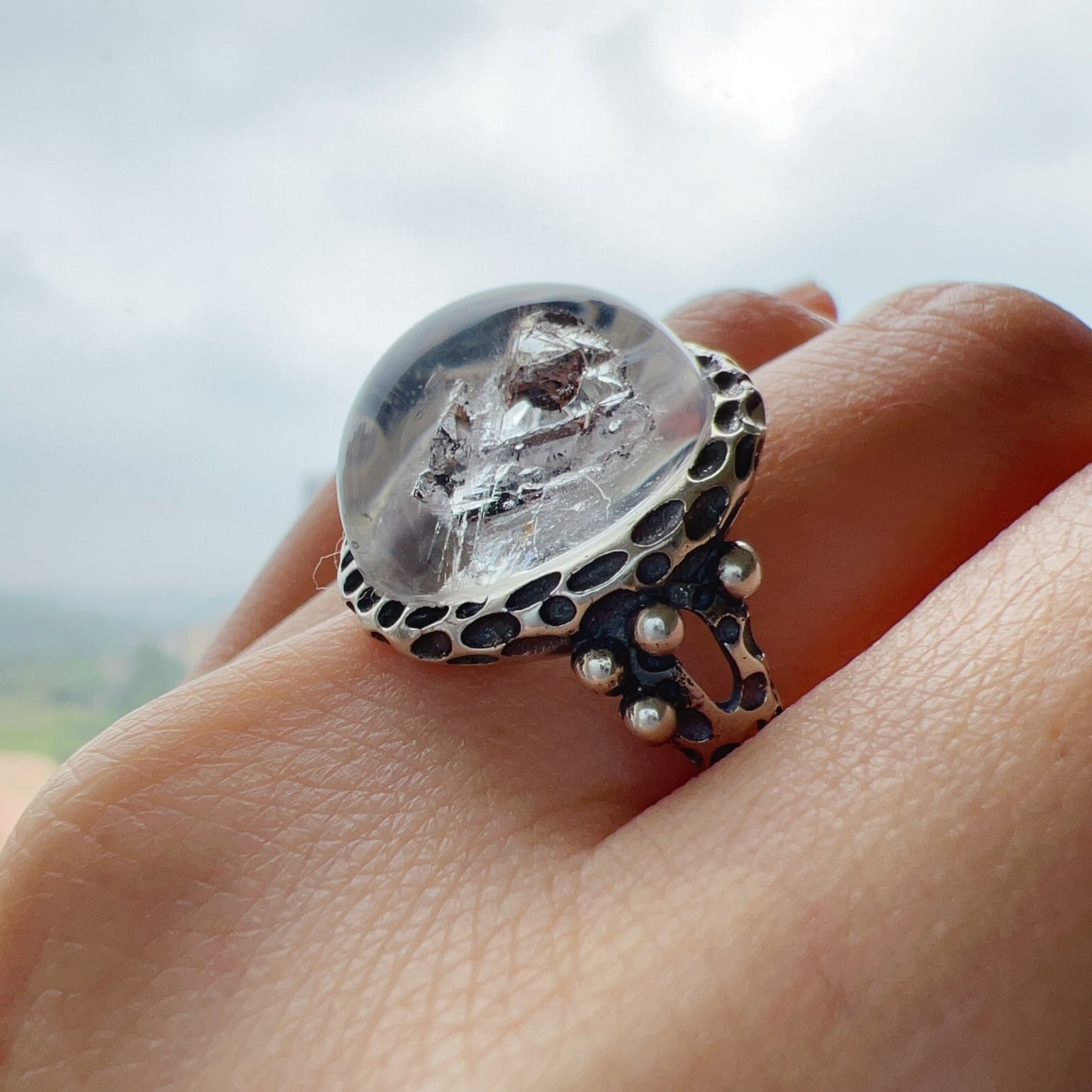 Large Black Sand Enhydro Crystal Quartz Ring | Handmade With 925 Sterling Silver Large Ring Size