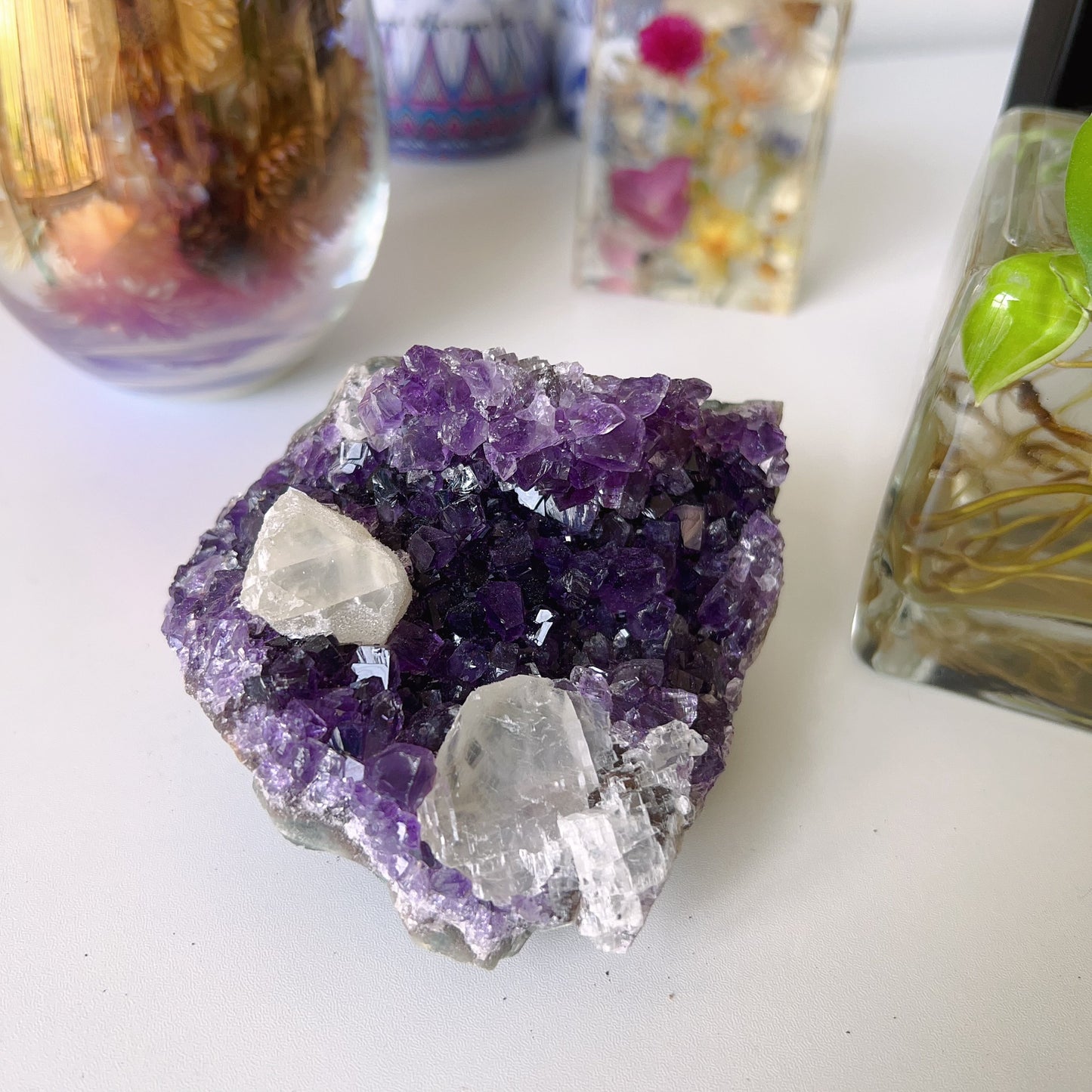 429.6G Natural Amethyst Raw Stone Geode With Calcite Crystal Inclusion