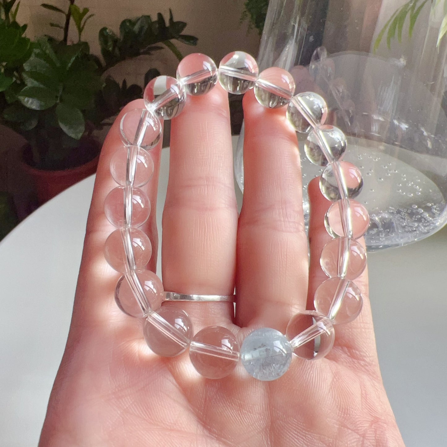 Natural Aquamarine And Clear Quartz Healing Crystal Bracelet | 10Mm Beaded Meditation Jewelry For Crown Chakra