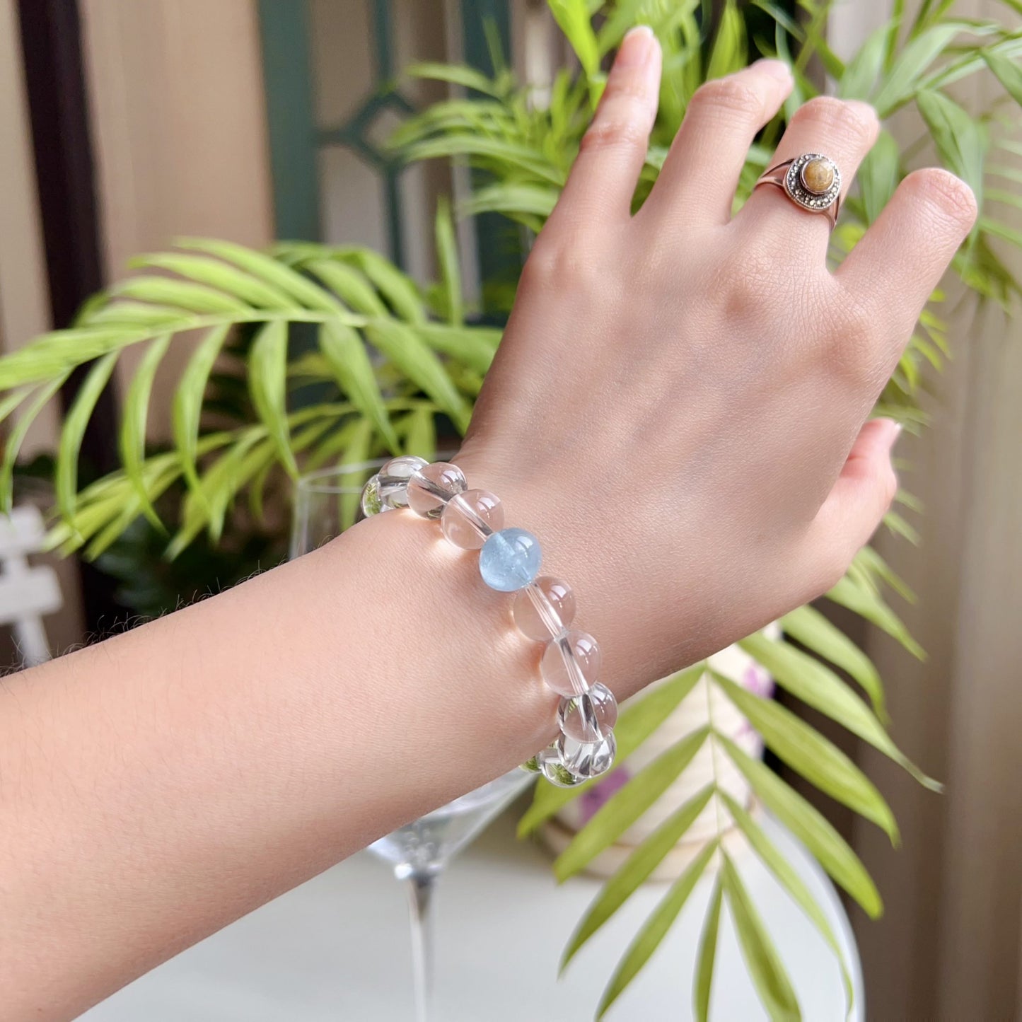 Natural Aquamarine And Clear Quartz Healing Crystal Bracelet | 10Mm Beaded Meditation Jewelry For Crown Chakra