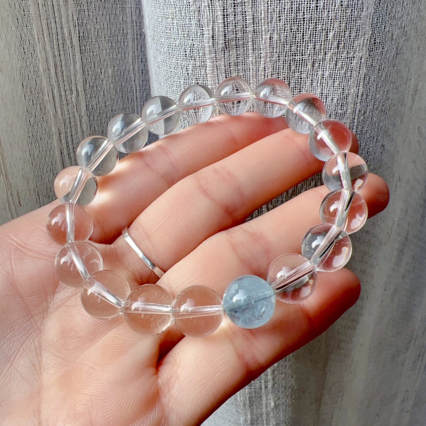 Natural Aquamarine And Clear Quartz Healing Crystal Bracelet | 10Mm Beaded Meditation Jewelry For Crown Chakra