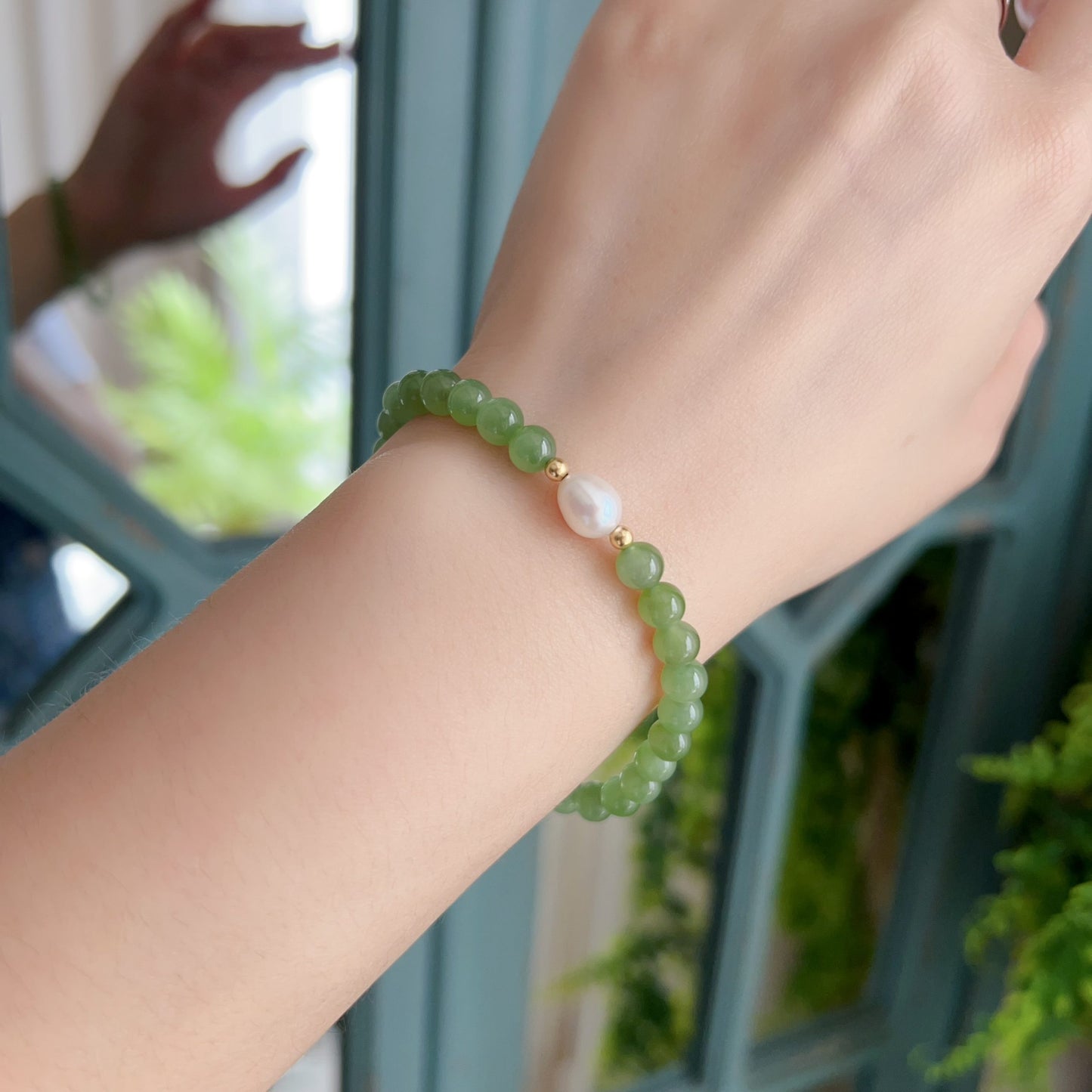 Authentic 6Mm Green Nephrite Jade Bracelet | Handcrafted With 18K Gold And Freshwater Pearl | Natural Healing Crystal Jewelry For Prosperity And Balance