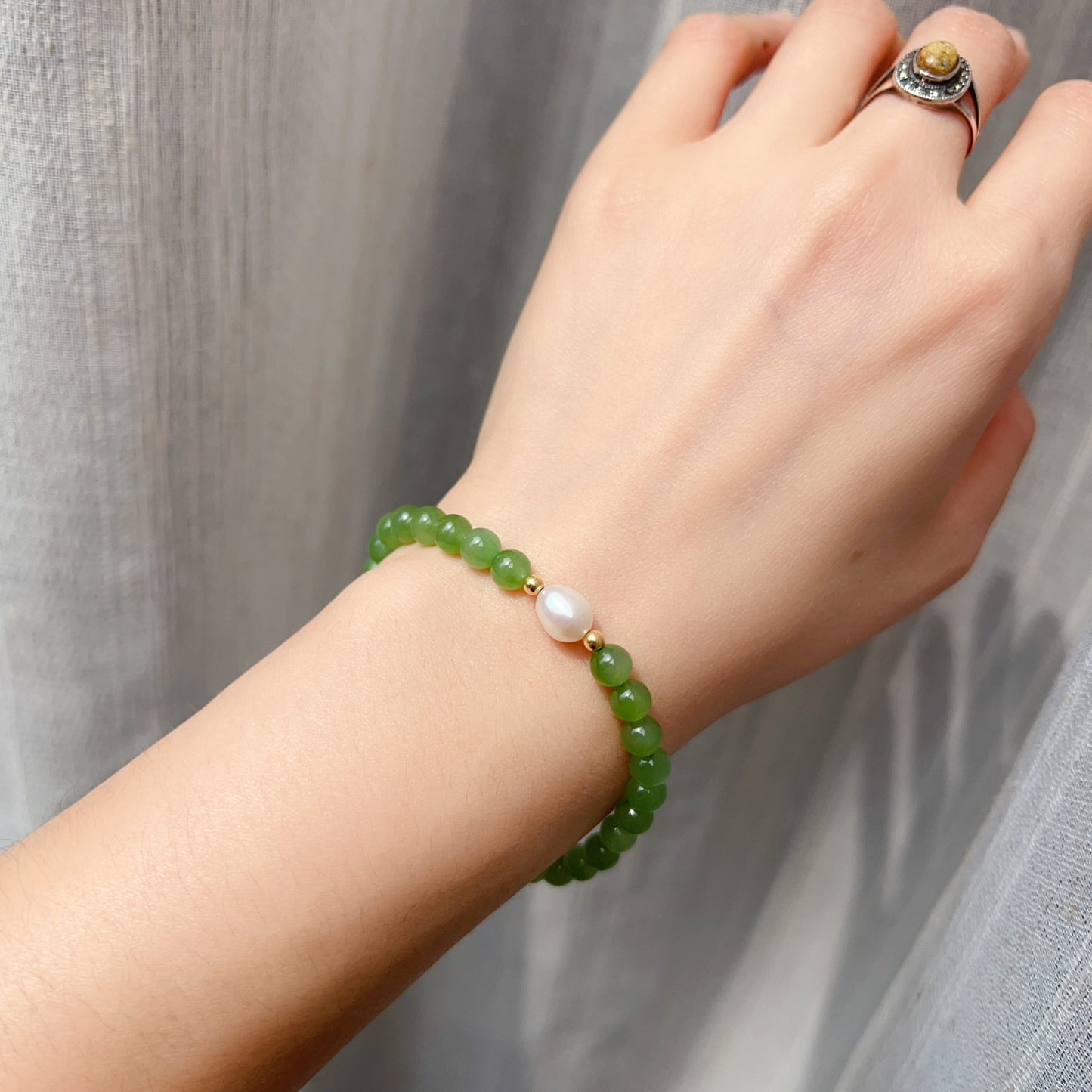Authentic 6Mm Green Nephrite Jade Bracelet | Handcrafted With 18K Gold And Freshwater Pearl | Natural Healing Crystal Jewelry For Prosperity And Balance