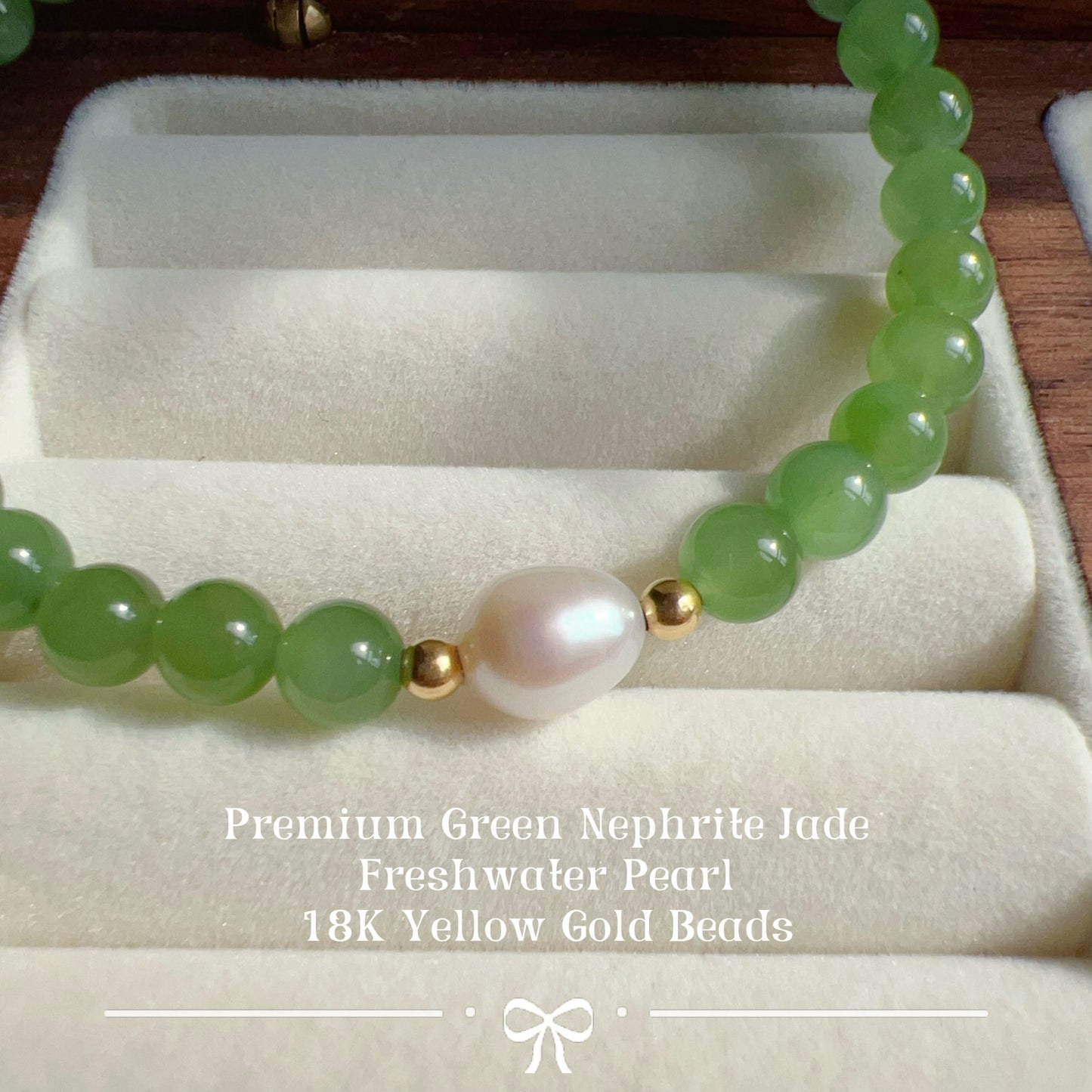 Authentic 6Mm Green Nephrite Jade Bracelet | Handcrafted With 18K Gold And Freshwater Pearl | Natural Healing Crystal Jewelry For Prosperity And Balance