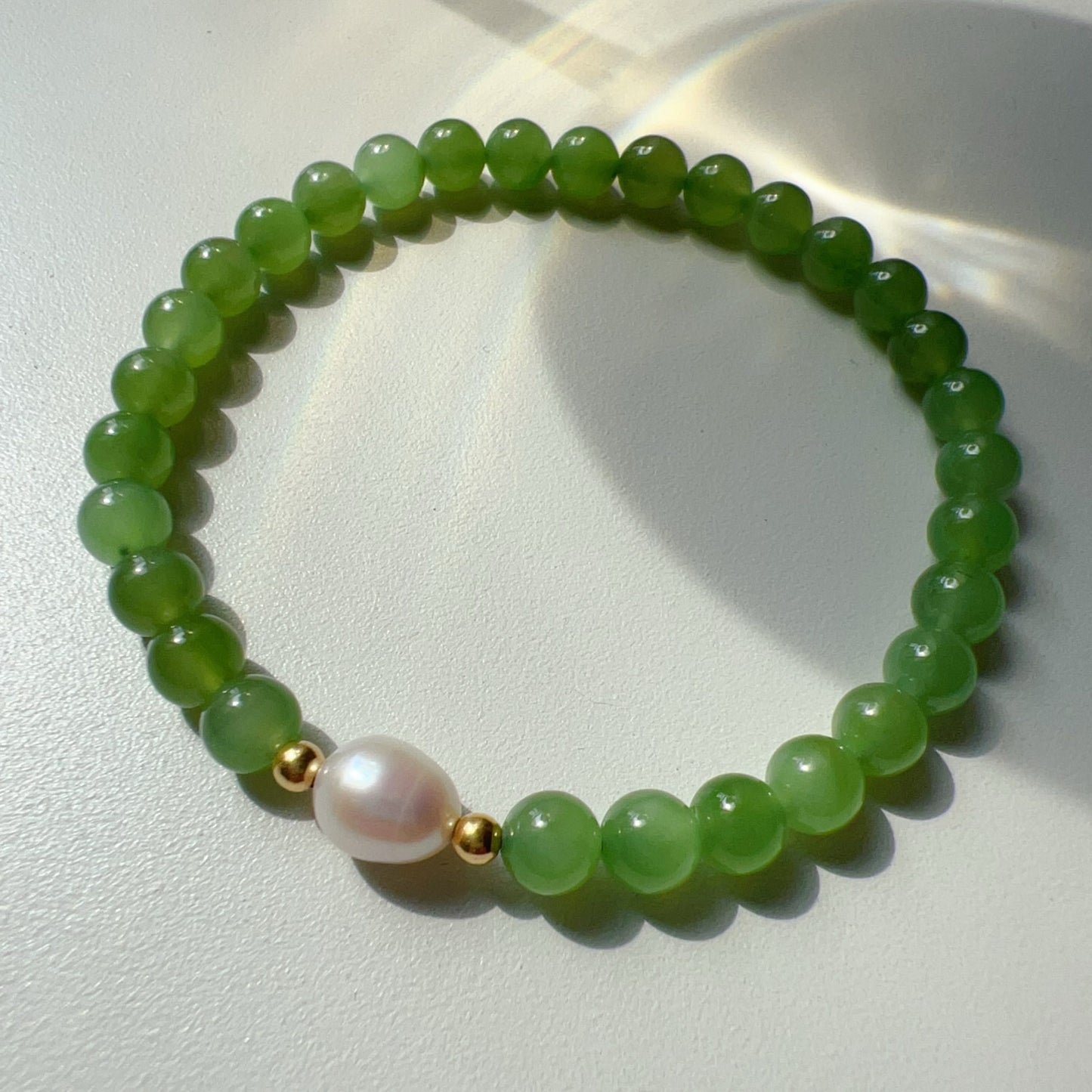 Authentic 6Mm Green Nephrite Jade Bracelet | Handcrafted With 18K Gold And Freshwater Pearl | Natural Healing Crystal Jewelry For Prosperity And Balance
