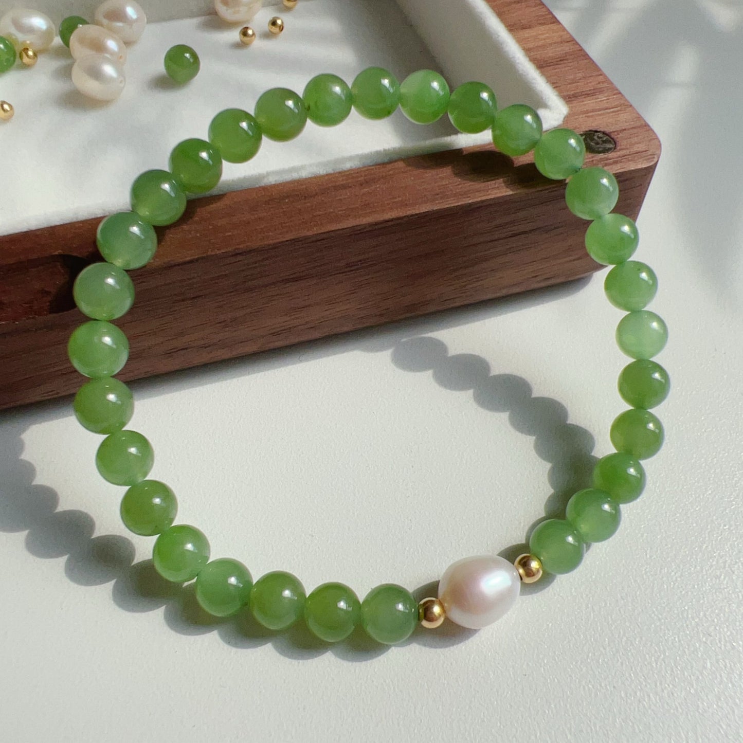 Authentic 6Mm Green Nephrite Jade Bracelet | Handcrafted With 18K Gold And Freshwater Pearl | Natural Healing Crystal Jewelry For Prosperity And Balance
