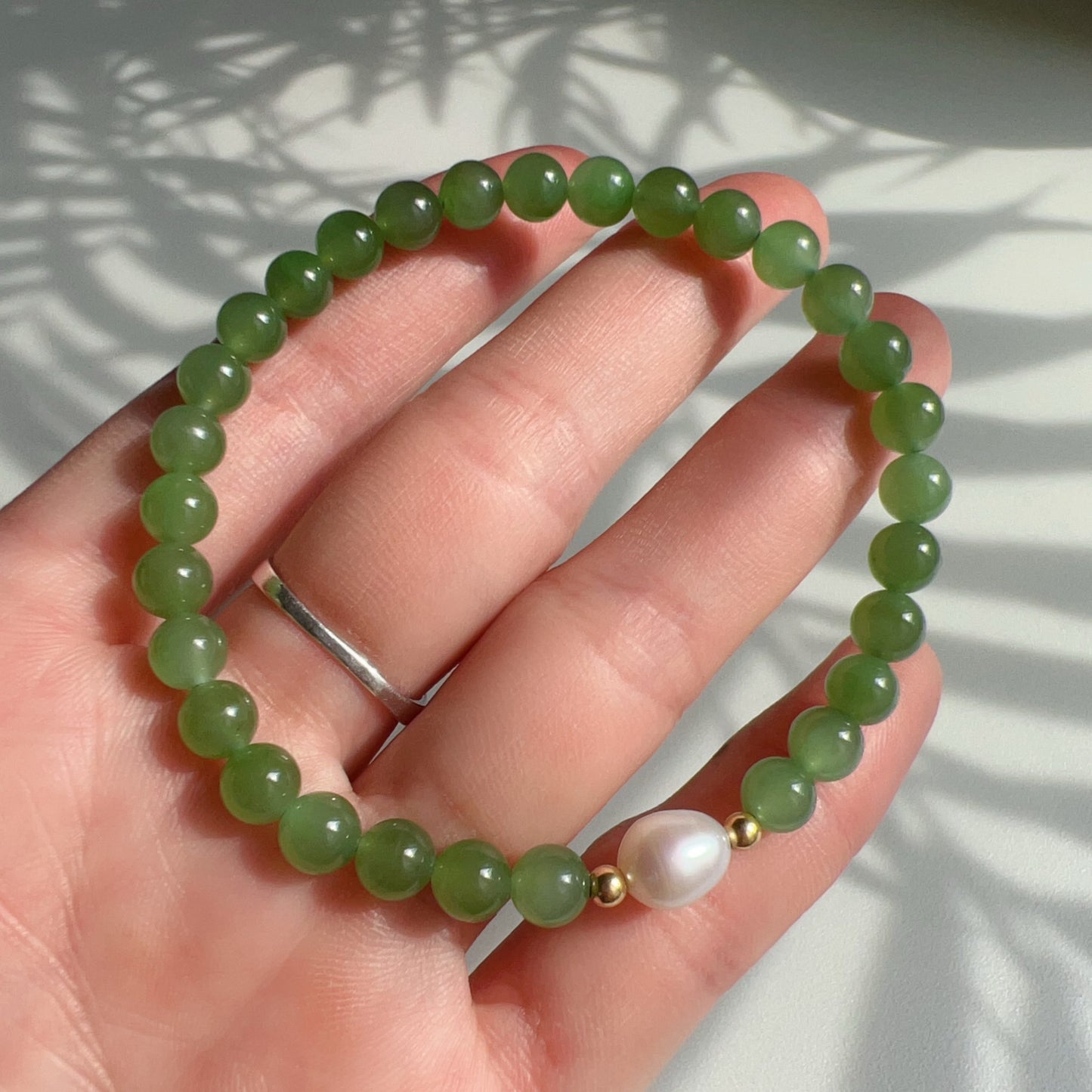 Authentic 6Mm Green Nephrite Jade Bracelet | Handcrafted With 18K Gold And Freshwater Pearl | Natural Healing Crystal Jewelry For Prosperity And Balance