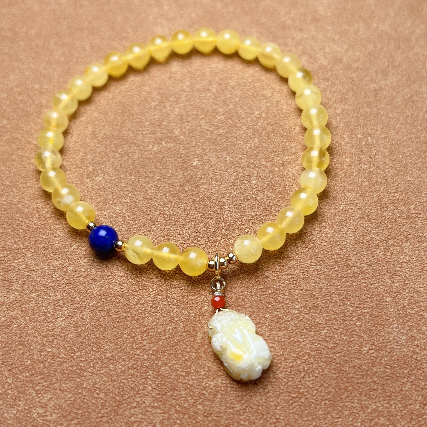 Genuine Amber Bracelet With Mini Pixiu Pendant | Lucky Stone Of Aries Gemini Leo Virgo | One Of A Kind Jewelry