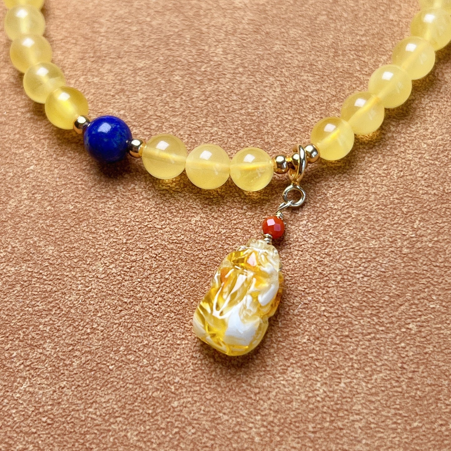 Genuine Amber Bracelet With Mini Pixiu Pendant | Lucky Stone Of Aries Gemini Leo Virgo | One Of A Kind Jewelry