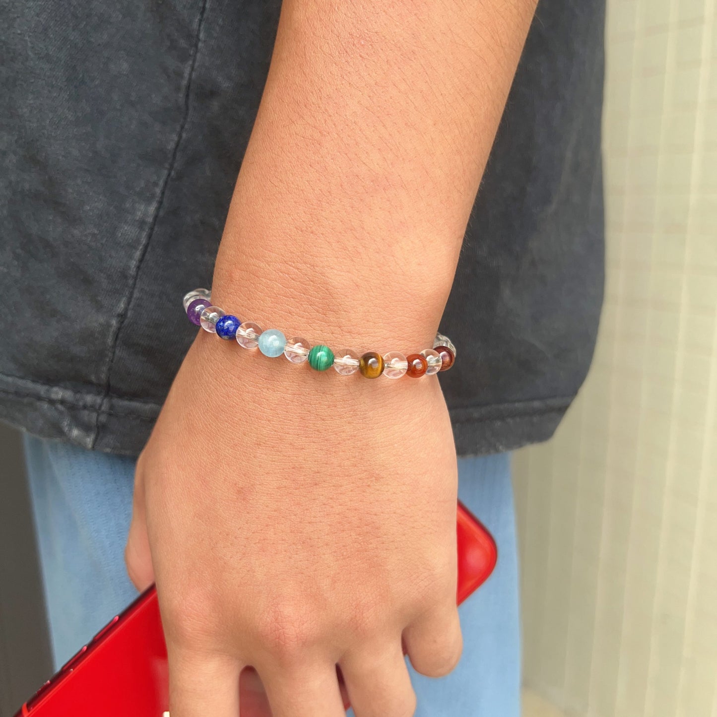 Handmade Seven Chakra Bracelet | Natural Healing Crystals: Clear Quartz, Amethyst, Lapis Lazuli, Aquamarine, Malachite, Brown Tiger Eye, Garnet