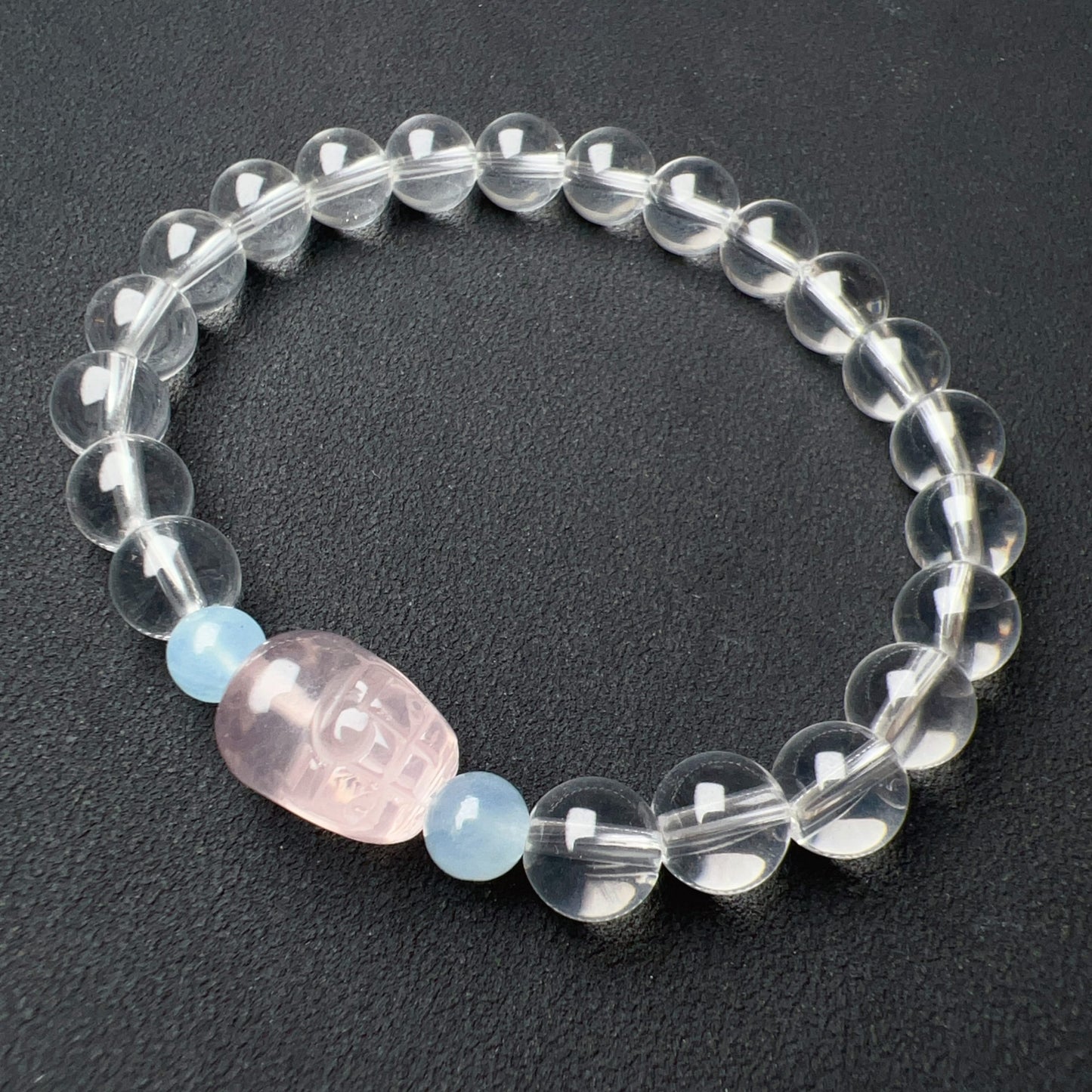 Natural Clear Quartz Bracelet With Rose Quartz Piuxiu Charm And Aquamarine | Customized Healing Jewelry