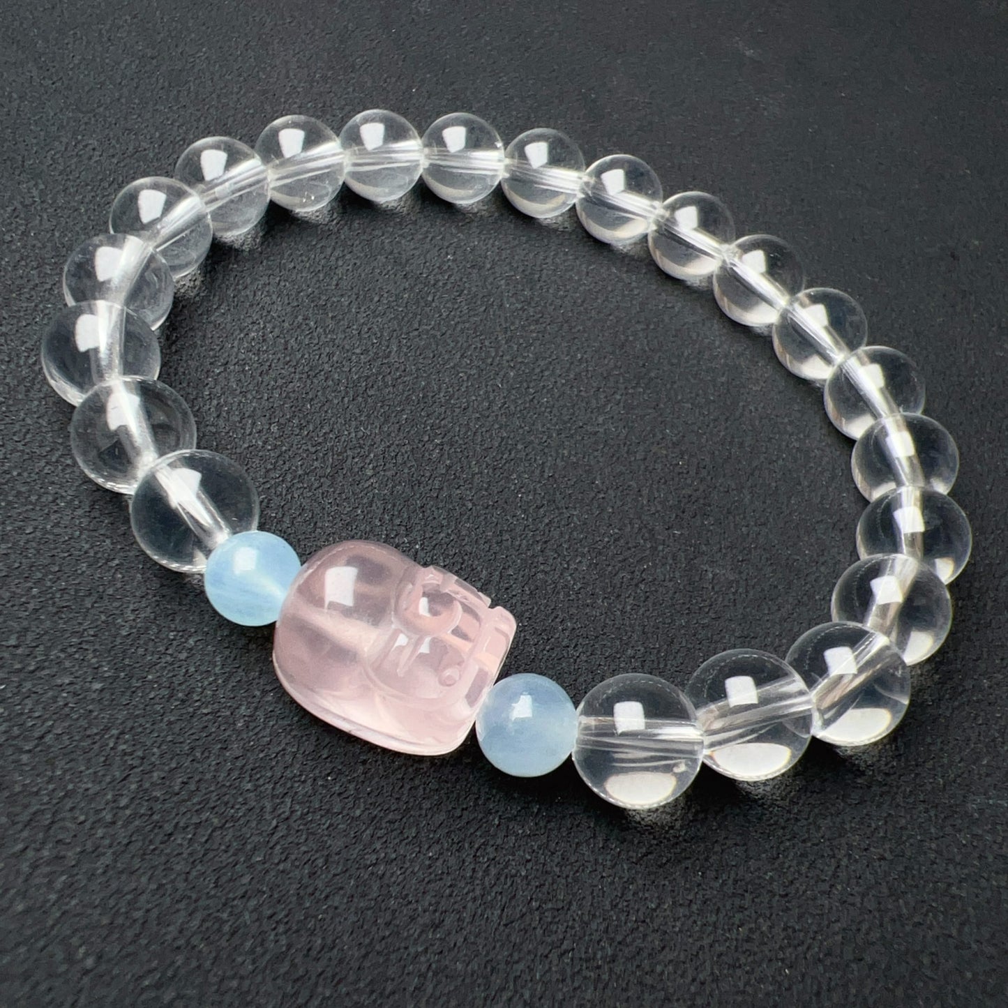 Natural Clear Quartz Bracelet With Rose Quartz Piuxiu Charm And Aquamarine | Customized Healing Jewelry