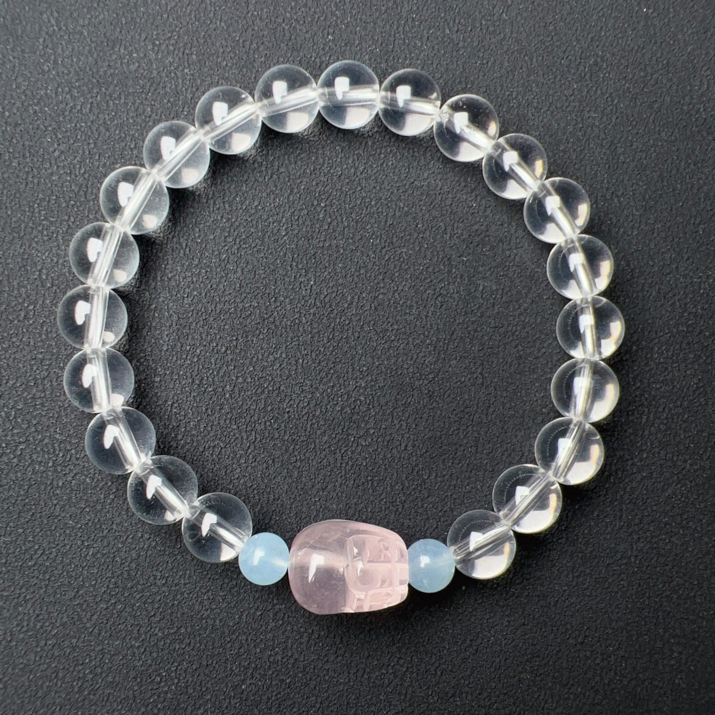 Natural Clear Quartz Bracelet With Rose Quartz Piuxiu Charm And Aquamarine | Customized Healing Jewelry