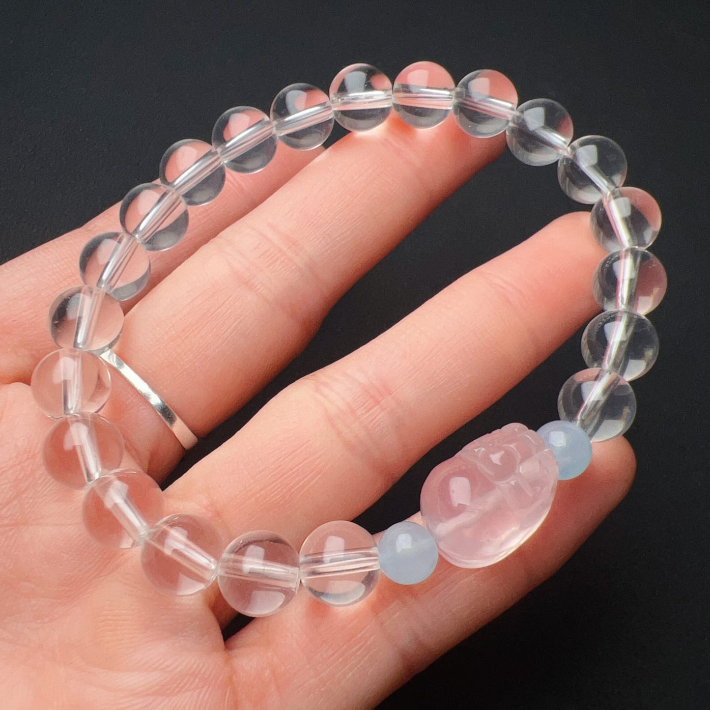 Natural Clear Quartz Bracelet With Rose Quartz Piuxiu Charm And Aquamarine | Customized Healing Jewelry