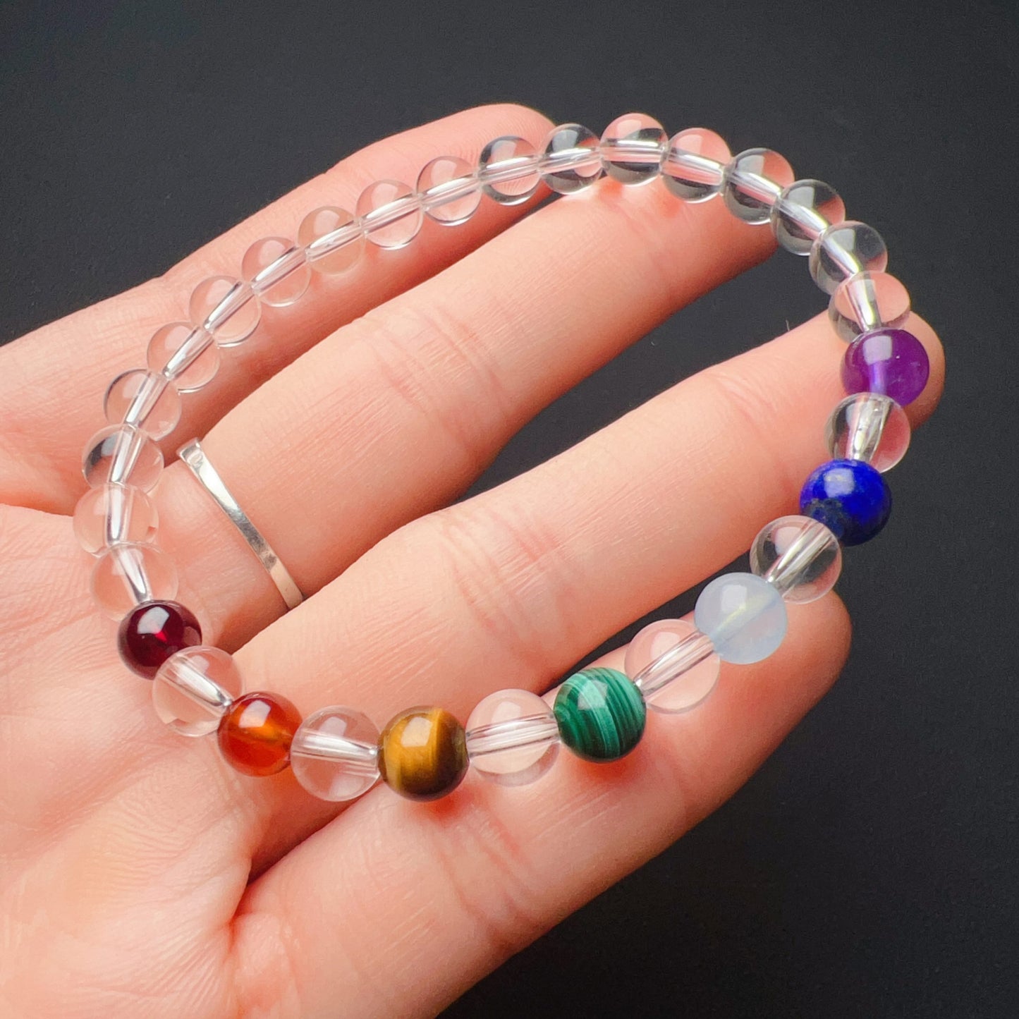 Handmade Seven Chakra Bracelet | Natural Healing Crystals: Clear Quartz, Amethyst, Lapis Lazuli, Aquamarine, Malachite, Brown Tiger Eye, Garnet