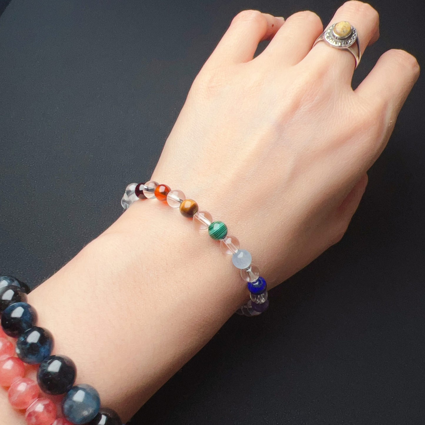 Handmade Seven Chakra Bracelet | Natural Healing Crystals: Clear Quartz, Amethyst, Lapis Lazuli, Aquamarine, Malachite, Brown Tiger Eye, Garnet