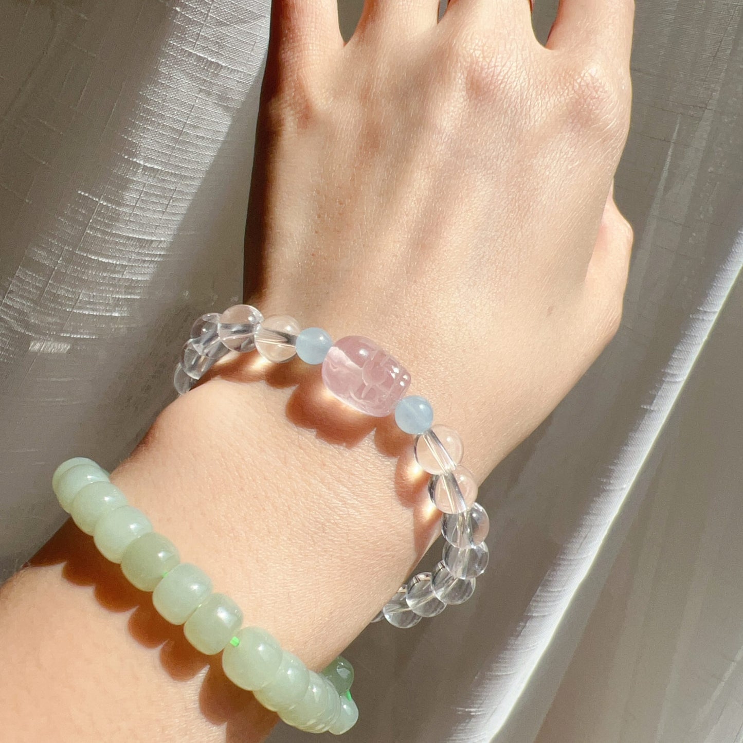 Natural Clear Quartz Bracelet With Rose Quartz Piuxiu Charm And Aquamarine | Customized Healing Jewelry