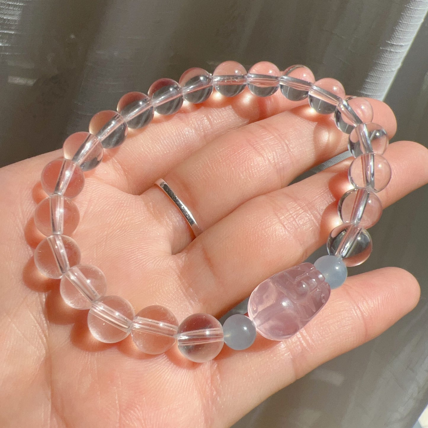 Natural Clear Quartz Bracelet With Rose Quartz Piuxiu Charm And Aquamarine | Customized Healing Jewelry