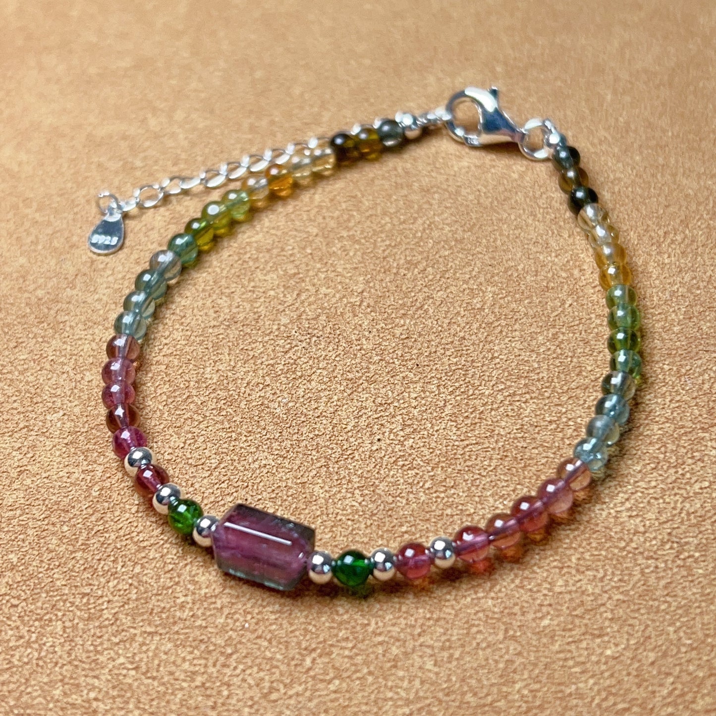 Handmade Rainbow Tourmaline Bracelet Watermelon Tourmaline | 925 Sterling Silver Silver Adjustable Style