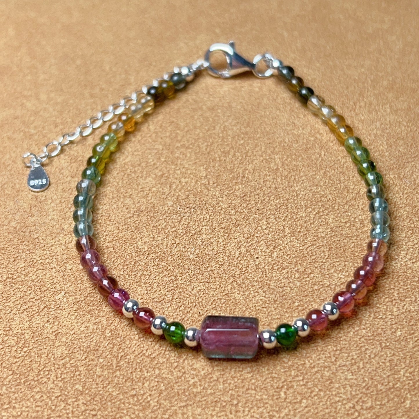 Handmade Rainbow Tourmaline Bracelet Watermelon Tourmaline | 925 Sterling Silver Silver Adjustable Style