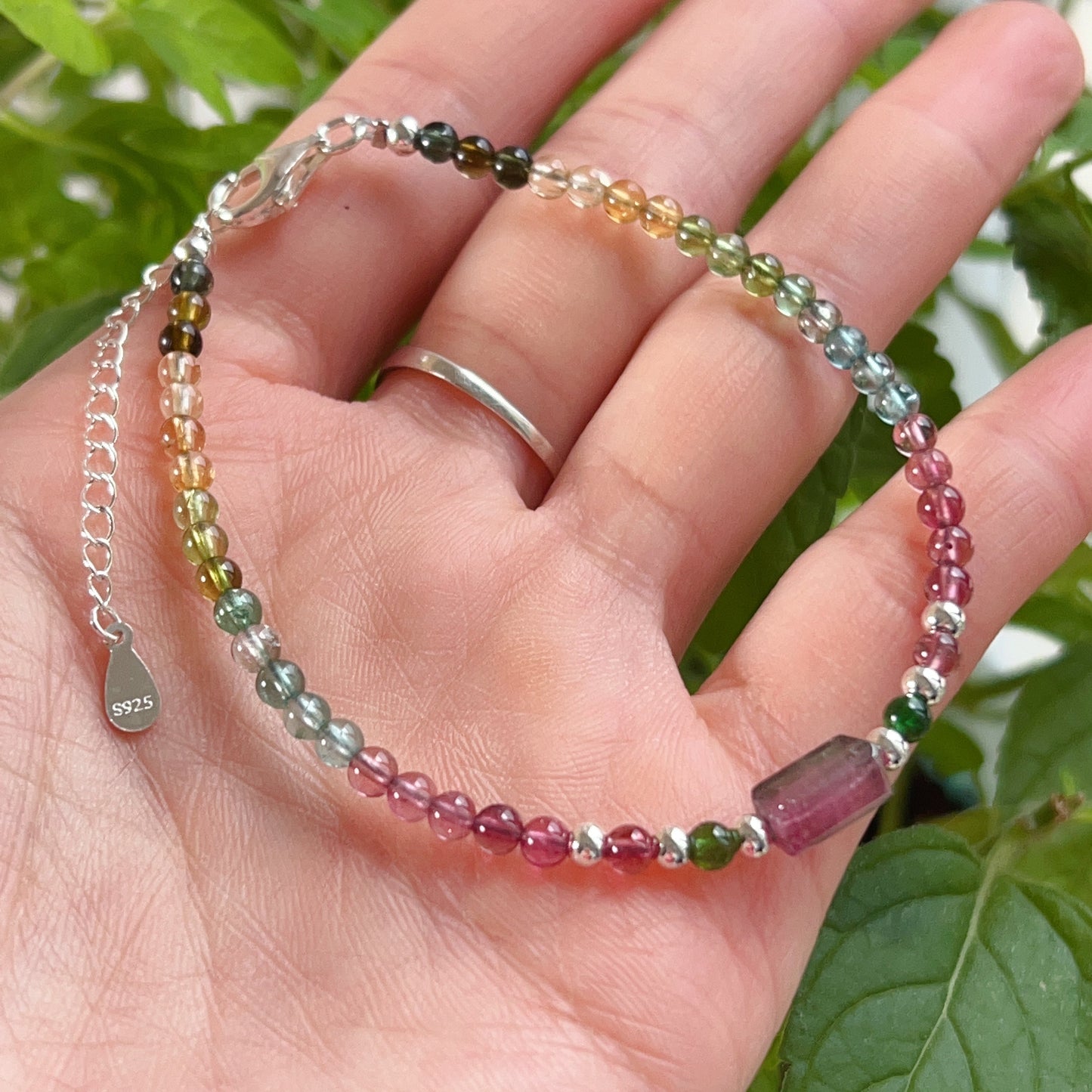 Handmade Rainbow Tourmaline Bracelet Watermelon Tourmaline | 925 Sterling Silver Silver Adjustable Style