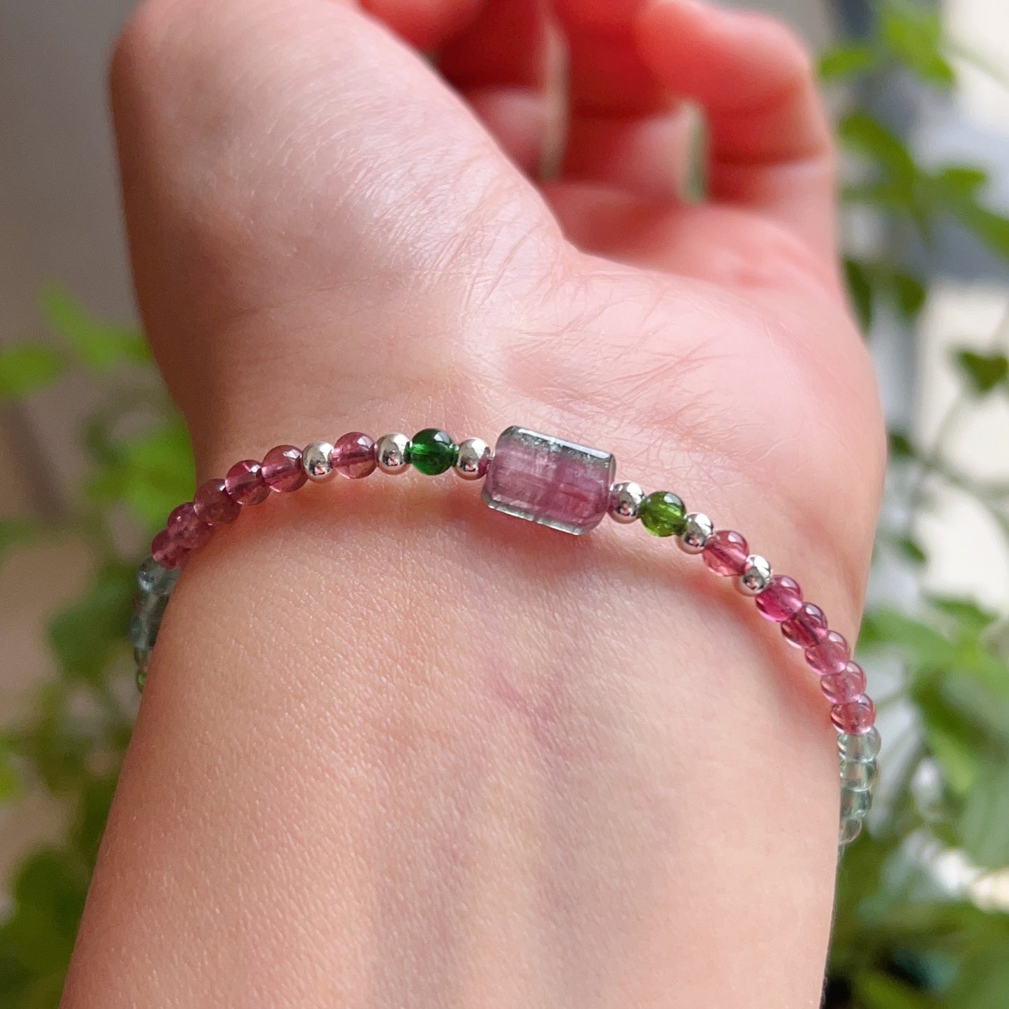 Handmade Rainbow Tourmaline Bracelet Watermelon Tourmaline | 925 Sterling Silver Silver Adjustable Style