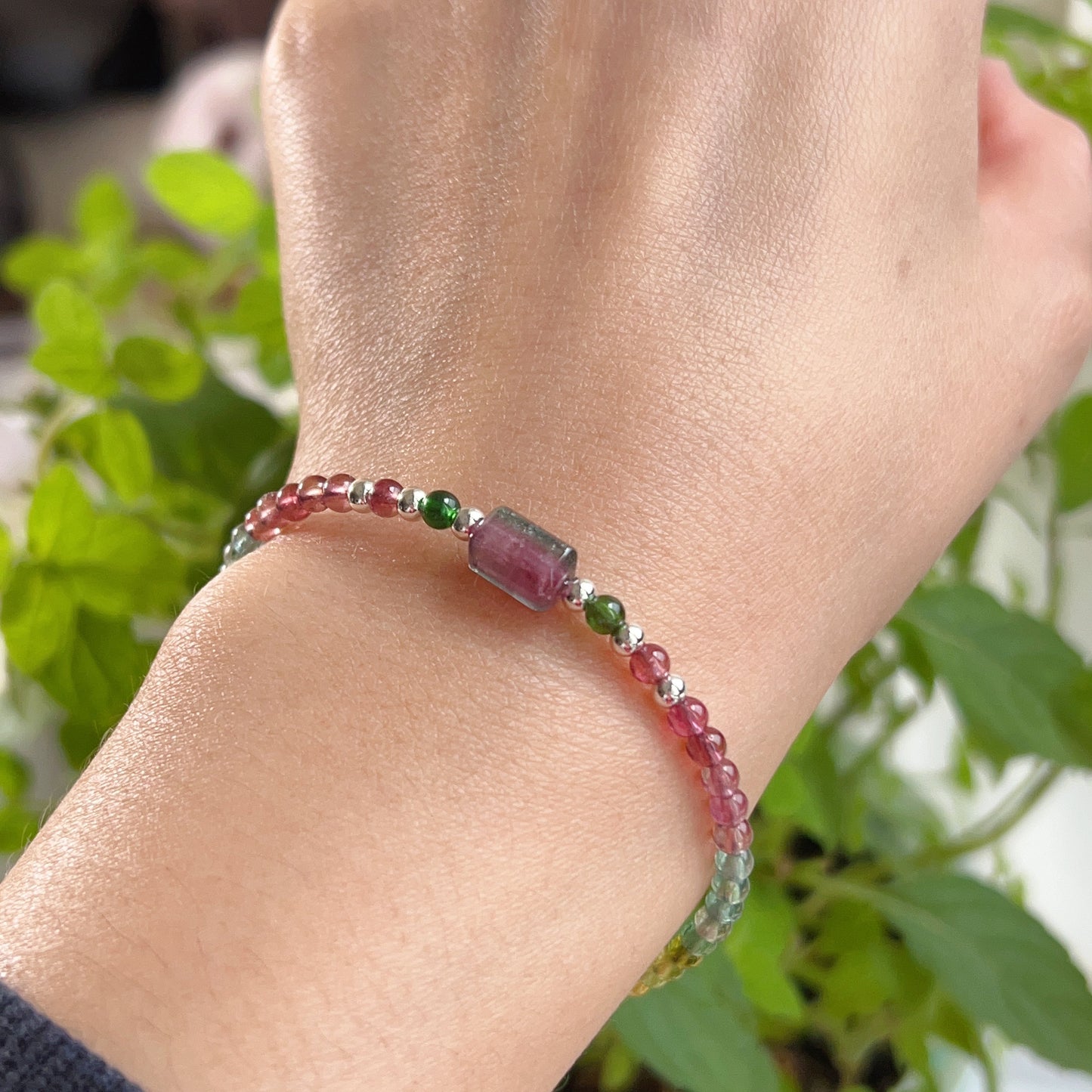 Handmade Rainbow Tourmaline Bracelet Watermelon Tourmaline | 925 Sterling Silver Silver Adjustable Style