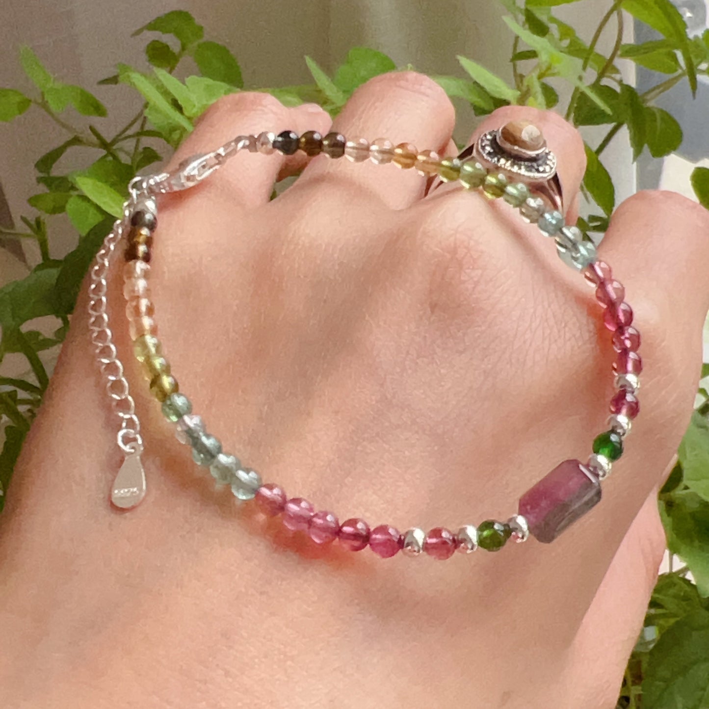 Handmade Rainbow Tourmaline Bracelet Watermelon Tourmaline | 925 Sterling Silver Silver Adjustable Style