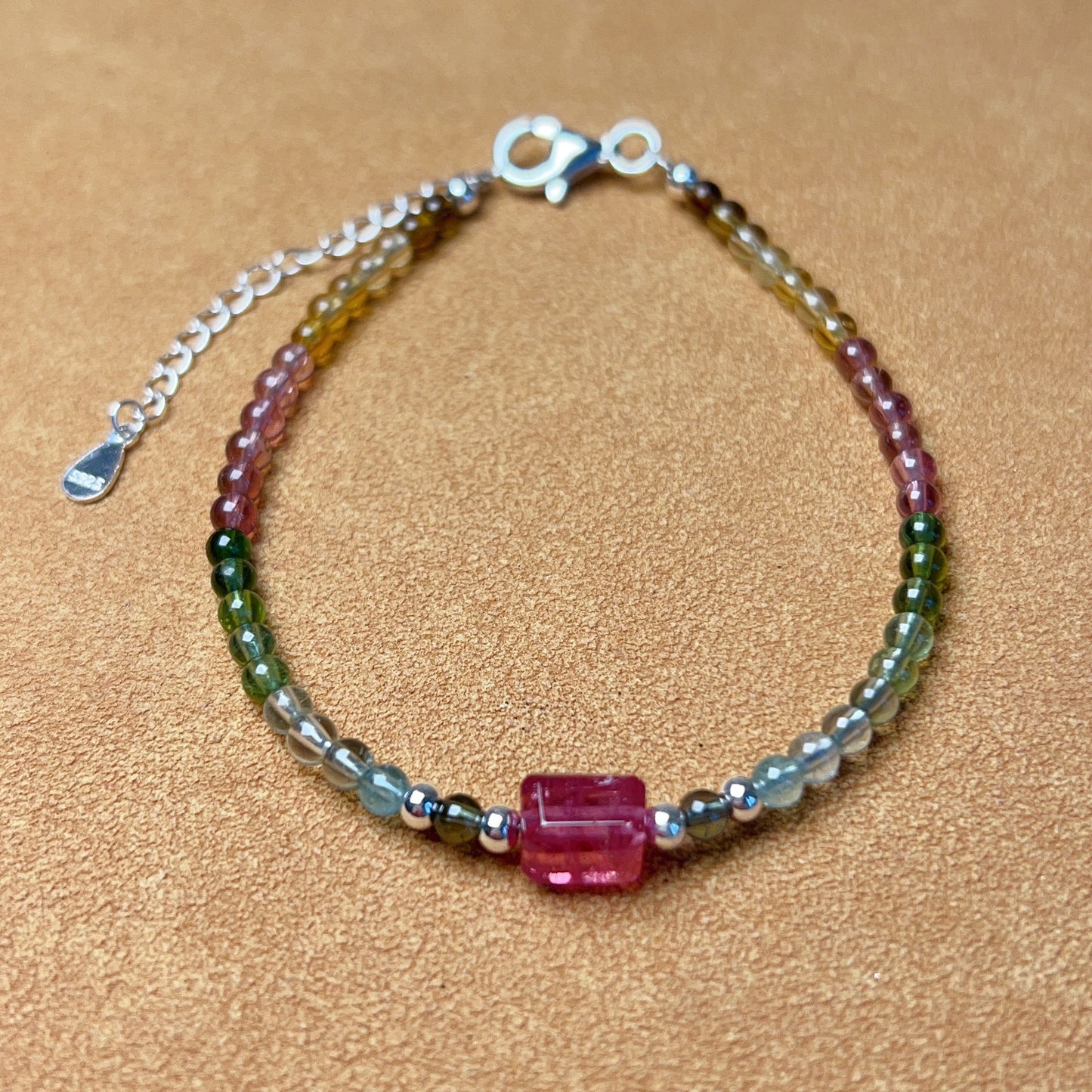 Handmade Rainbow Tourmaline Bracelet Ruby Color Tourmaline | 925 Sterling Silver Silver Adjustable Style