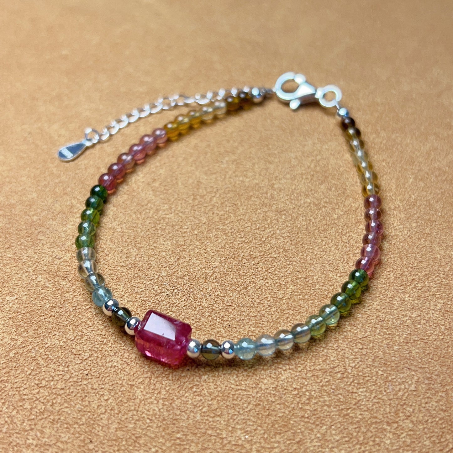Handmade Rainbow Tourmaline Bracelet Ruby Color Tourmaline | 925 Sterling Silver Silver Adjustable Style