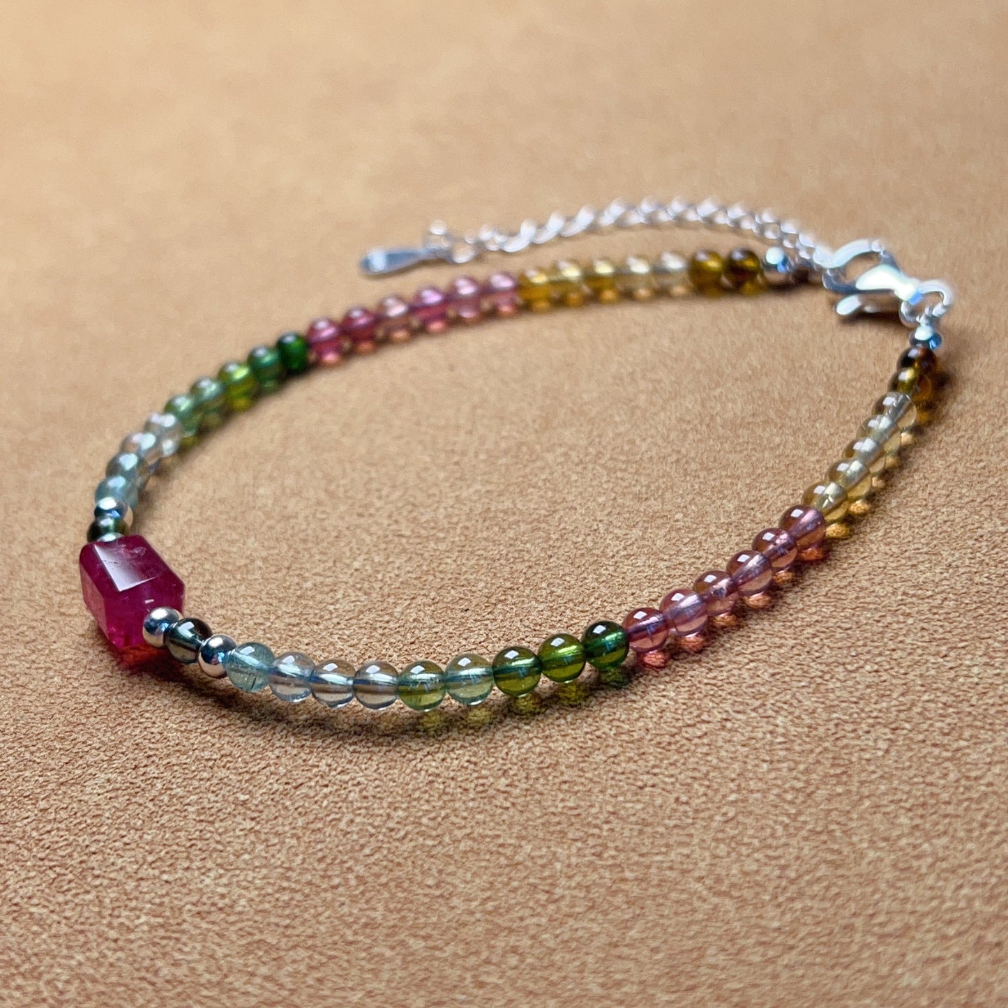 Handmade Rainbow Tourmaline Bracelet Ruby Color Tourmaline | 925 Sterling Silver Silver Adjustable Style