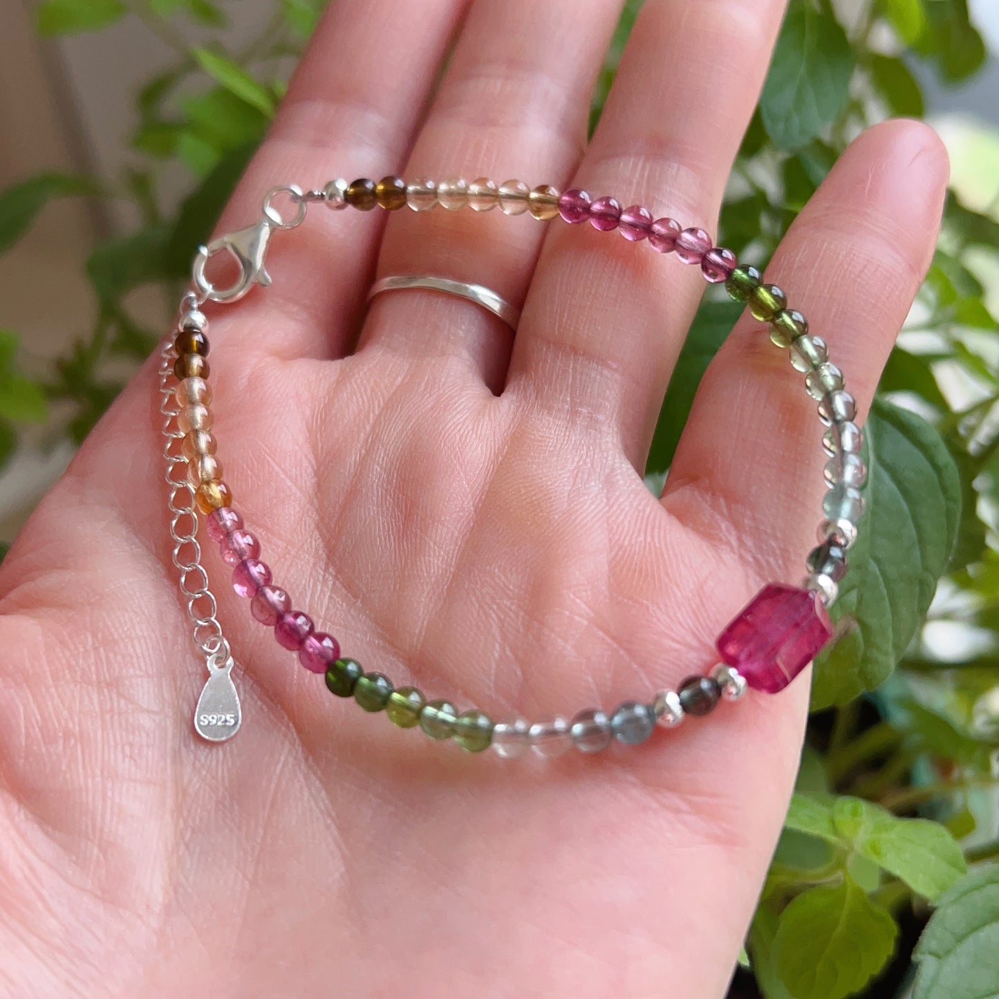 Handmade Rainbow Tourmaline Bracelet Ruby Color Tourmaline | 925 Sterling Silver Silver Adjustable Style