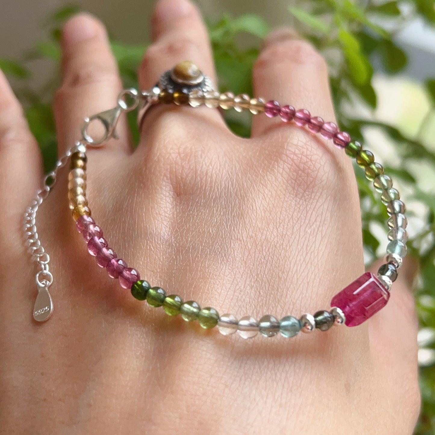 Handmade Rainbow Tourmaline Bracelet Ruby Color Tourmaline | 925 Sterling Silver Silver Adjustable Style