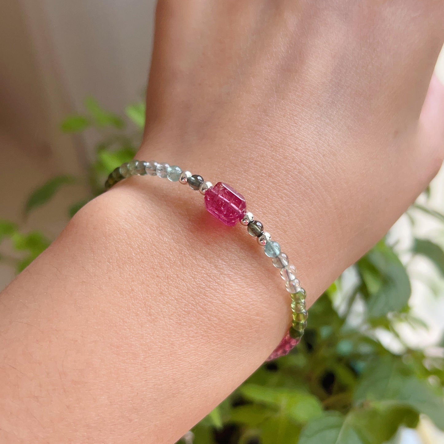 Handmade Rainbow Tourmaline Bracelet Ruby Color Tourmaline | 925 Sterling Silver Silver Adjustable Style
