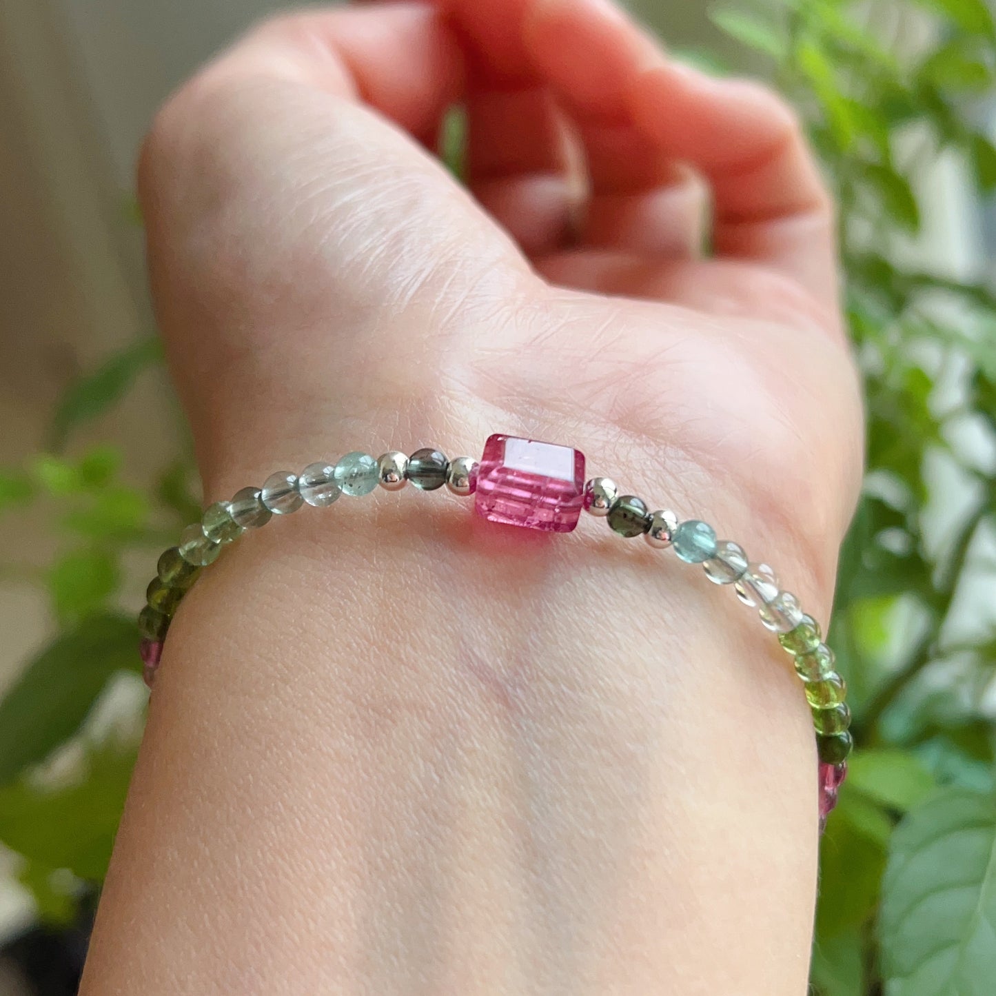 Handmade Rainbow Tourmaline Bracelet Ruby Color Tourmaline | 925 Sterling Silver Silver Adjustable Style