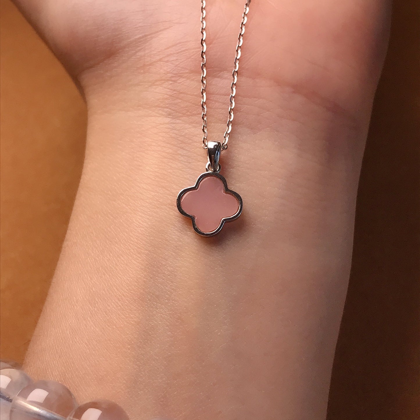 Best Color Solid Pink Opal Pendant Necklace| Hand-Cut Four Leaf Clover Lucky Pendant With Sterling Silver