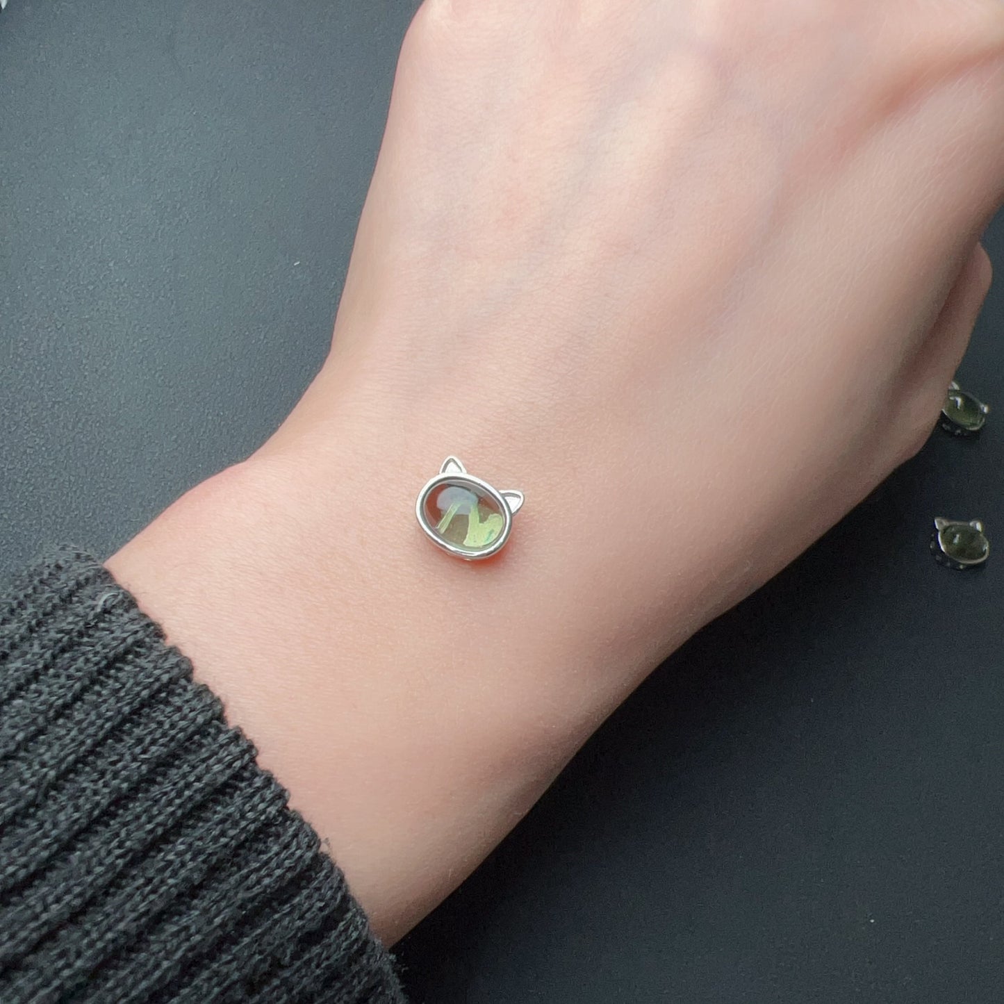 Cute Part – Handmade Moldavite Cat Shape Pandora’S Box Charm With 925 Sterling Silver