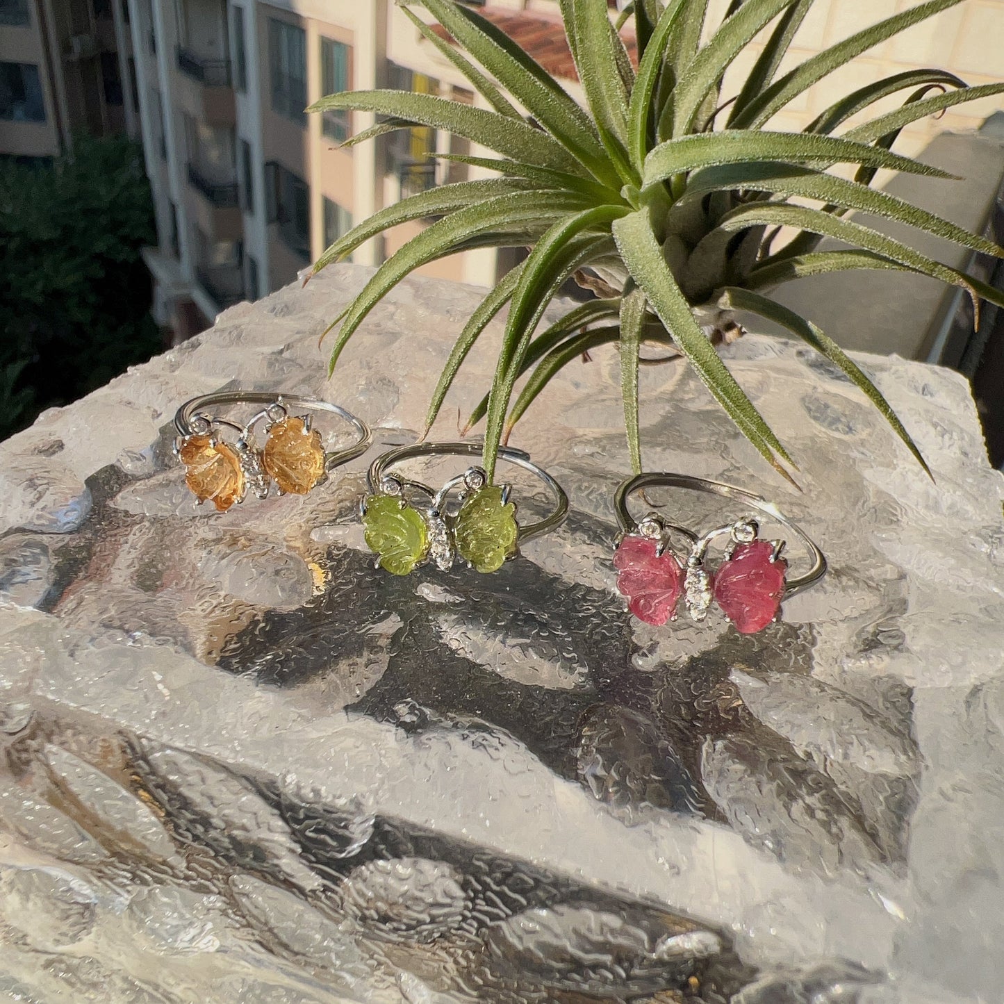 High-Quality Rainbow Tourmaline Butterfly Ring Sterling Silver With 18K White Gold Plated