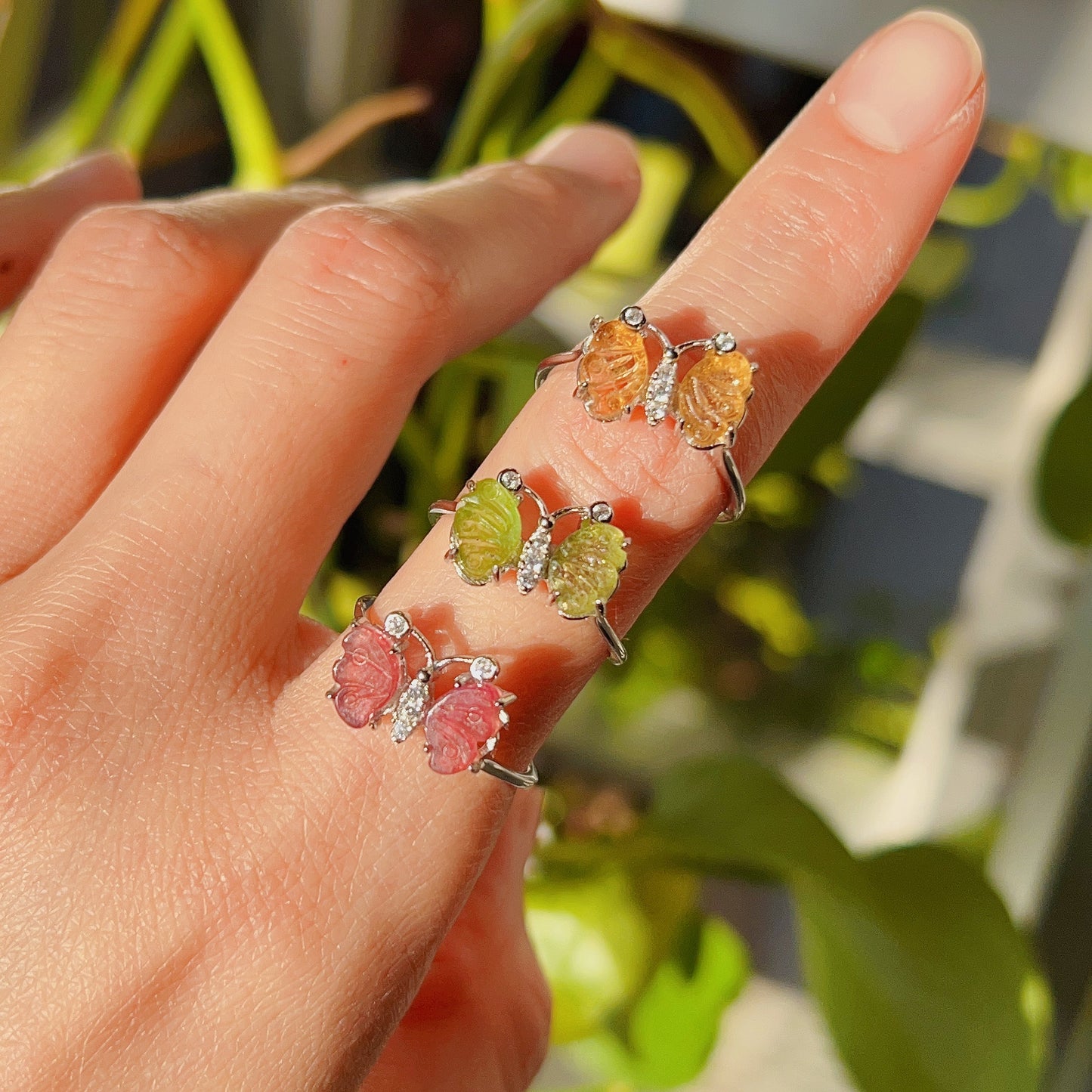 High-Quality Rainbow Tourmaline Butterfly Ring Sterling Silver With 18K White Gold Plated