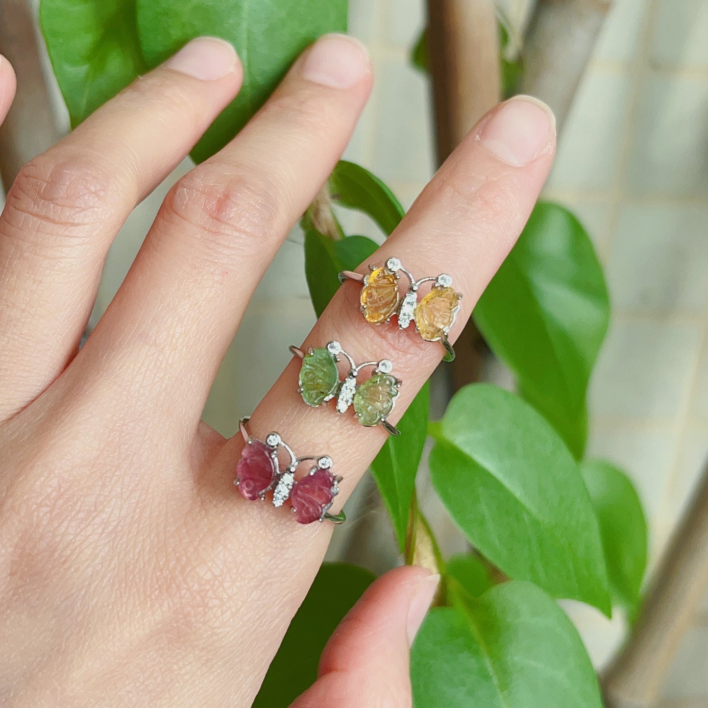 High-Quality Rainbow Tourmaline Butterfly Ring Sterling Silver With 18K White Gold Plated