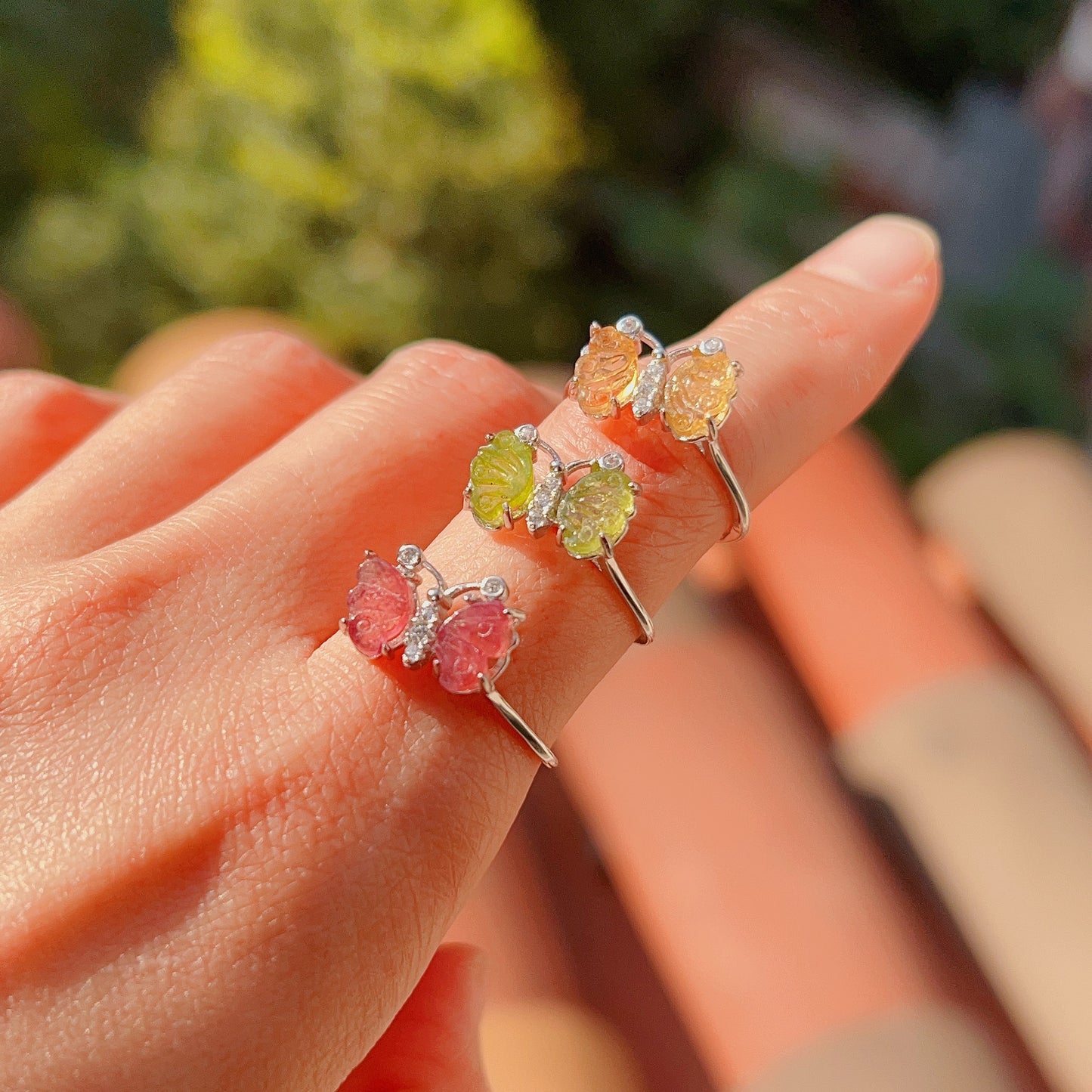 High-Quality Rainbow Tourmaline Butterfly Ring Sterling Silver With 18K White Gold Plated
