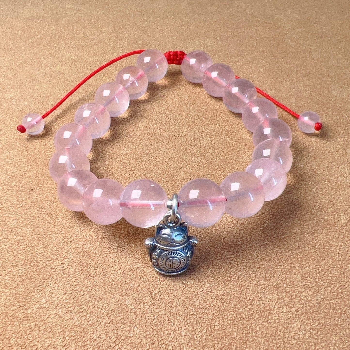 Handmade 10Mm Rose Quartz Braided Bracelet With 925 Sterling Silver Maneki Neko Pendant | 福 招财进宝 | Wealth Attraction & Blessing Jewelry