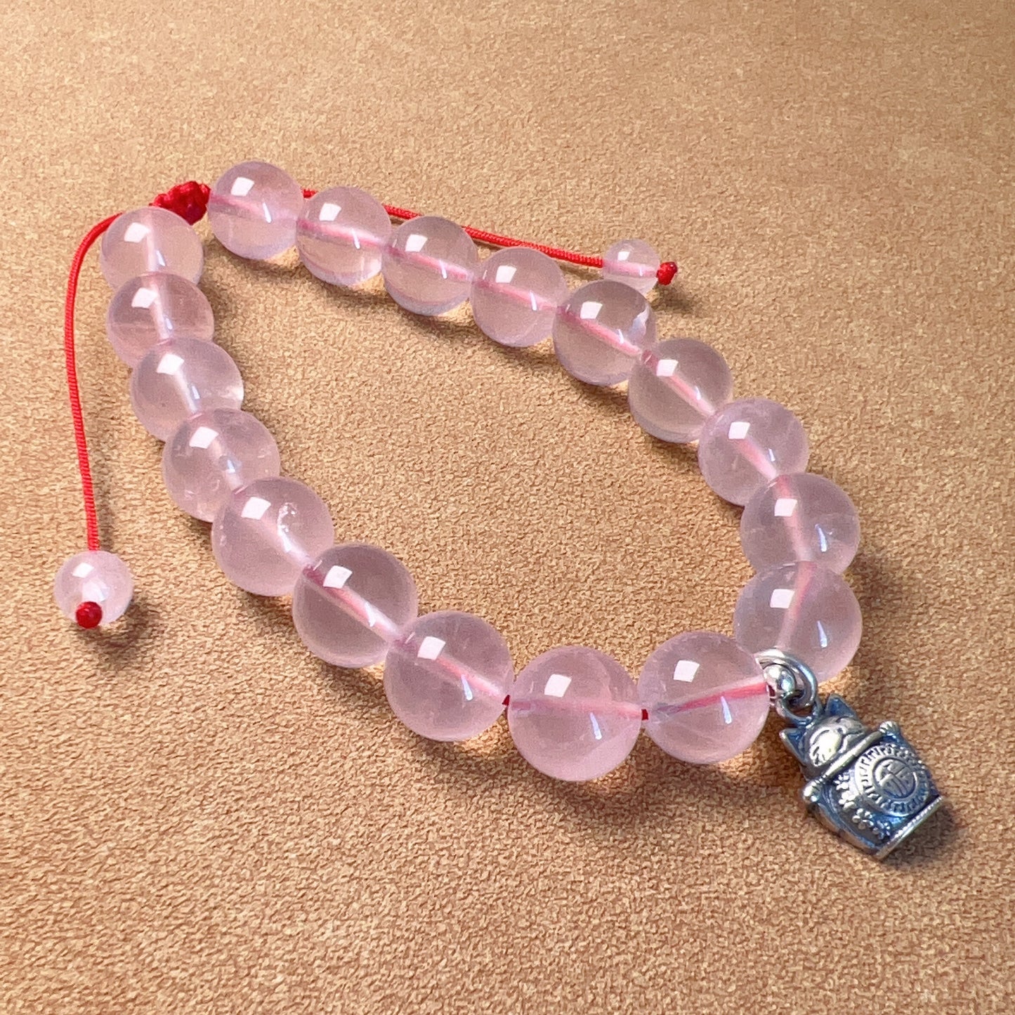 Handmade 10Mm Rose Quartz Braided Bracelet With 925 Sterling Silver Maneki Neko Pendant | 福 招财进宝 | Wealth Attraction & Blessing Jewelry