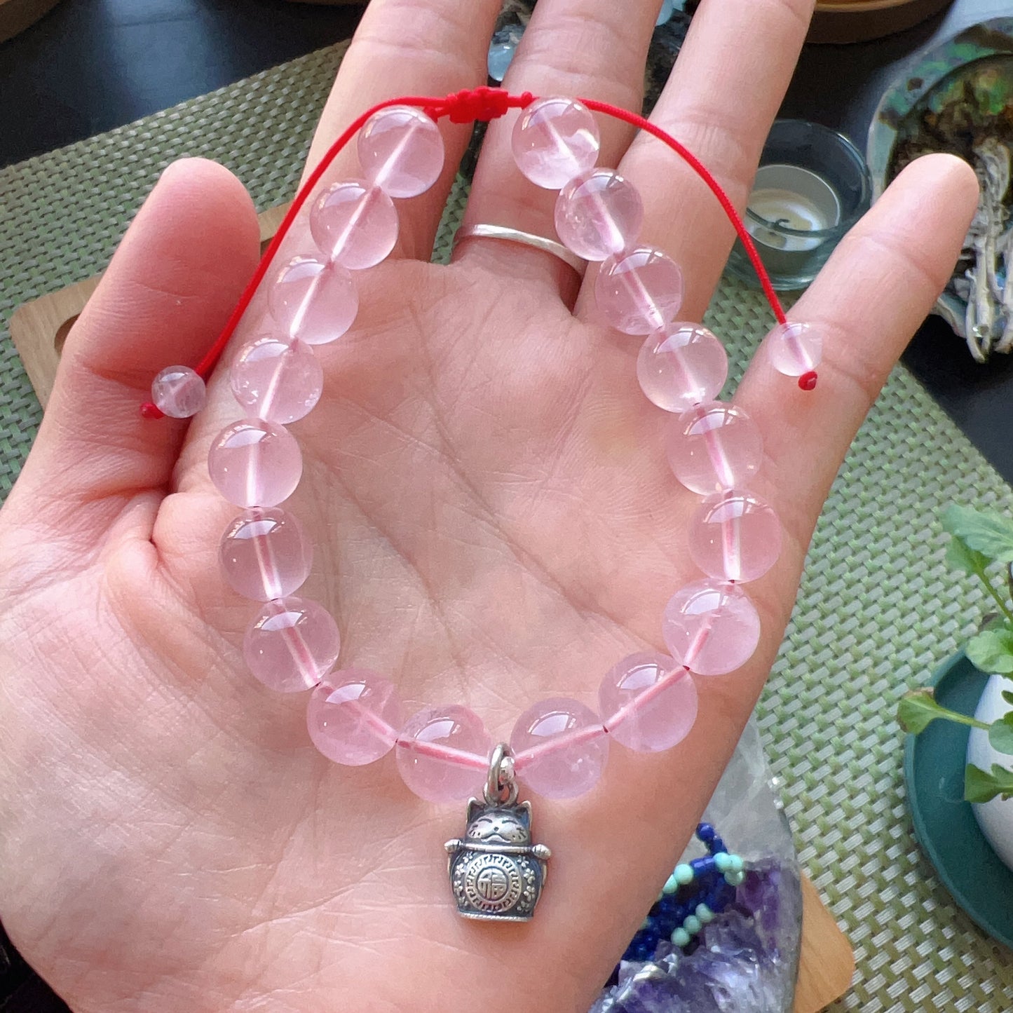 Handmade 10Mm Rose Quartz Braided Bracelet With 925 Sterling Silver Maneki Neko Pendant | 福 招财进宝 | Wealth Attraction & Blessing Jewelry