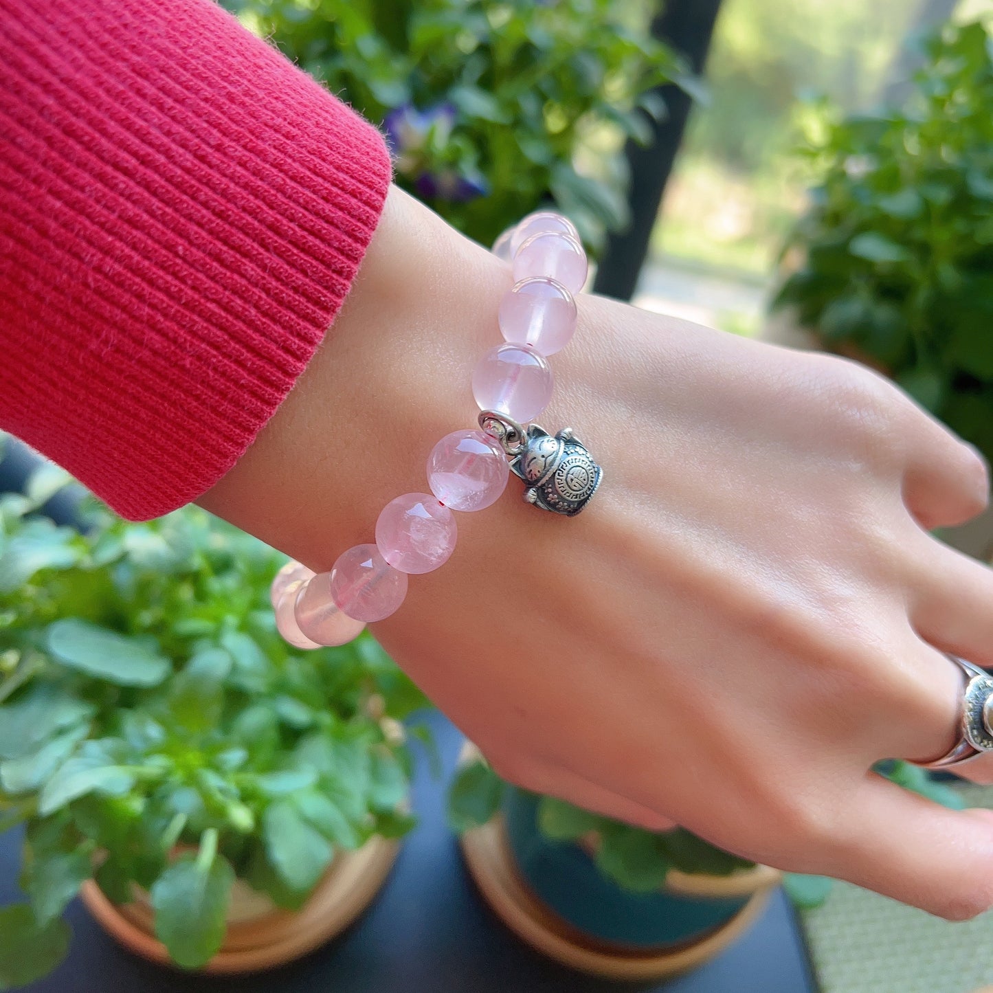 Handmade 10Mm Rose Quartz Braided Bracelet With 925 Sterling Silver Maneki Neko Pendant | 福 招财进宝 | Wealth Attraction & Blessing Jewelry