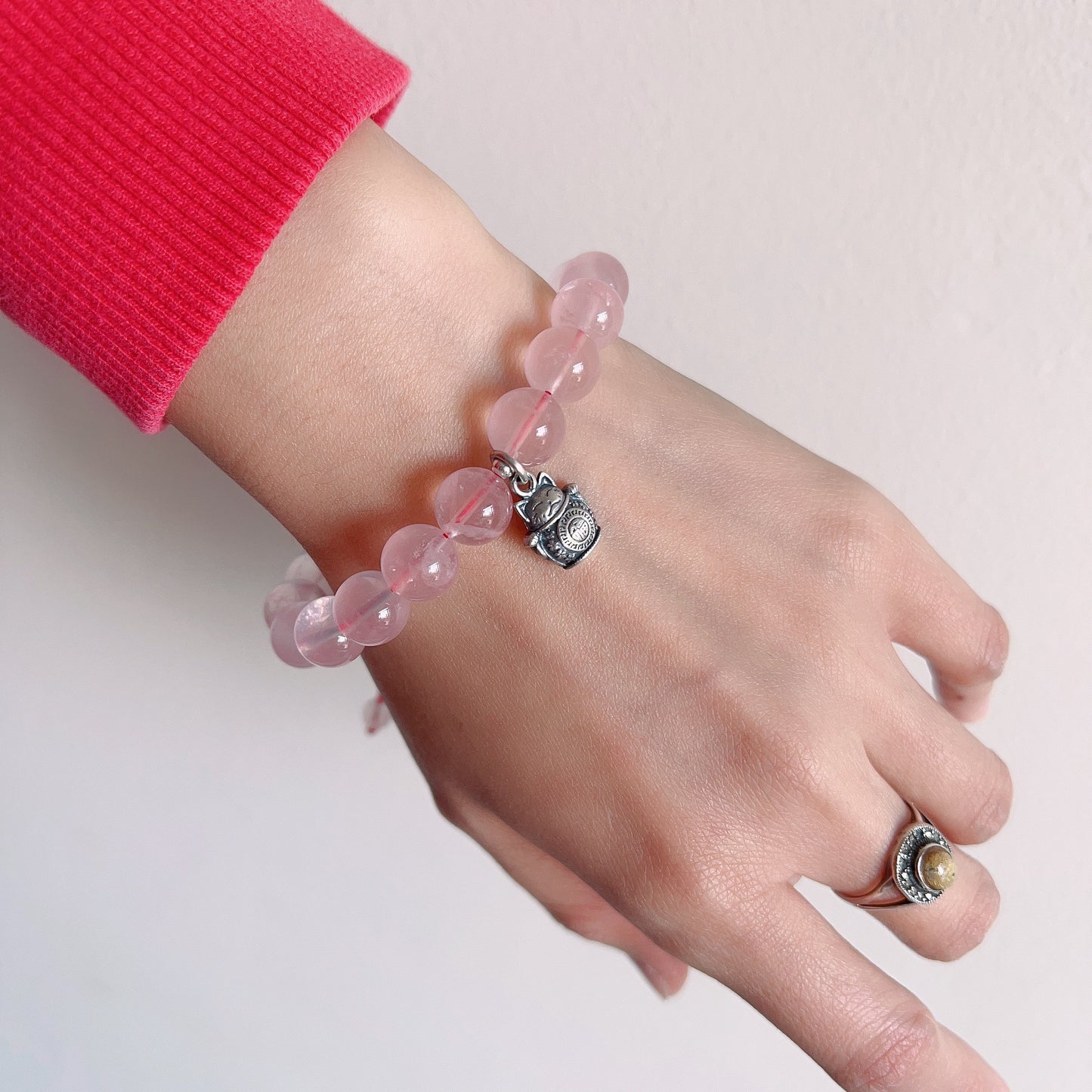 Handmade 10Mm Rose Quartz Braided Bracelet With 925 Sterling Silver Maneki Neko Pendant | 福 招财进宝 | Wealth Attraction & Blessing Jewelry