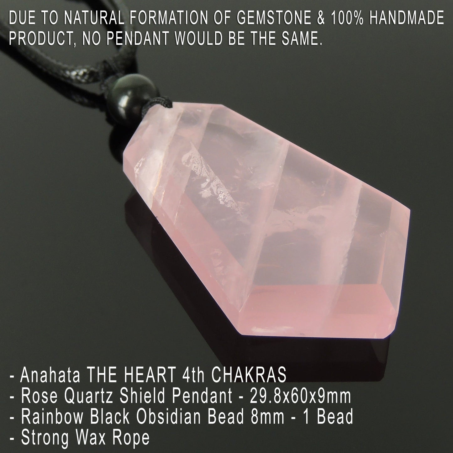 Rose Quartz Protection Shield Necklace | Men Women Jewelry | Heart Chakra Healing | Handmade With Rainow Obsidian Bead Adjustable