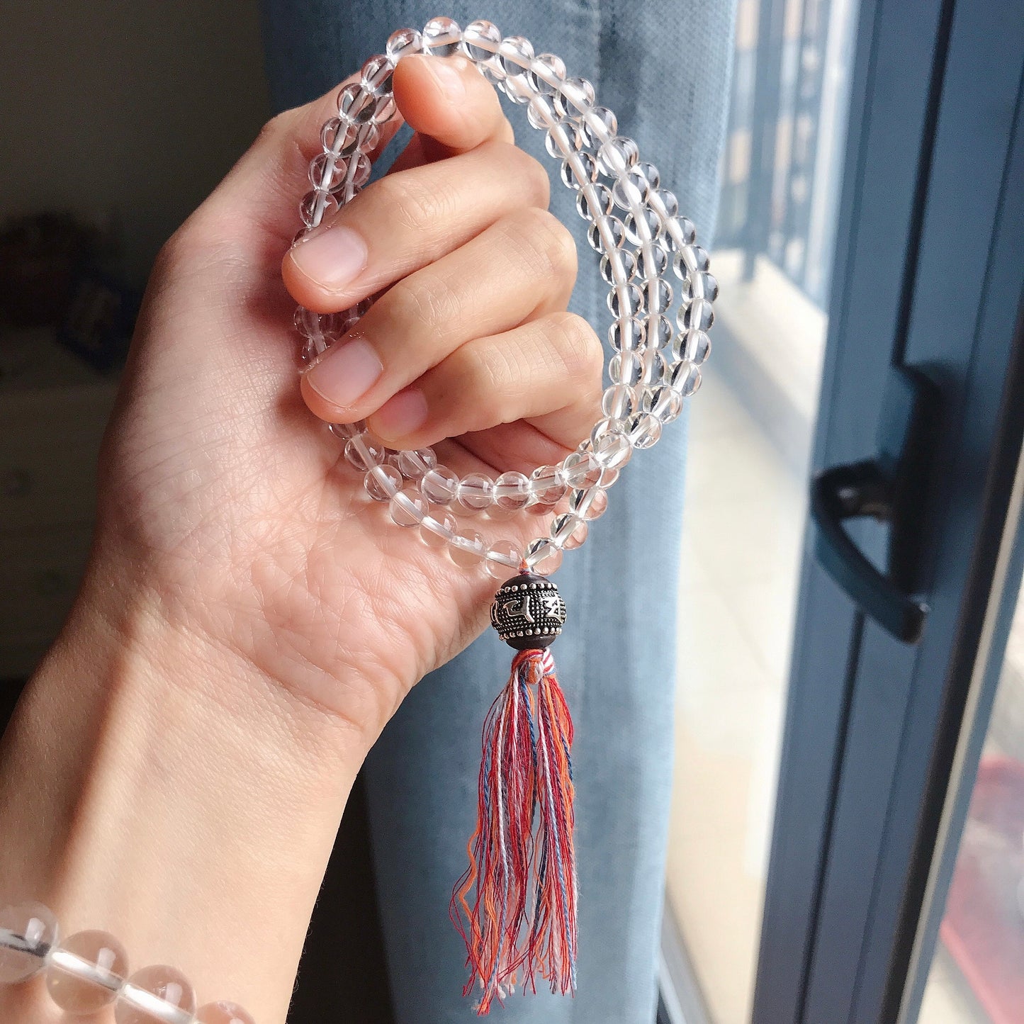 108 Prayer Beads 6Mm Natural Clear Quartz | Elastic Beaded Necklace Handmade Jewelry With Ebony Wood Sterling Silver Bead | Healing Stone Mala Meditation