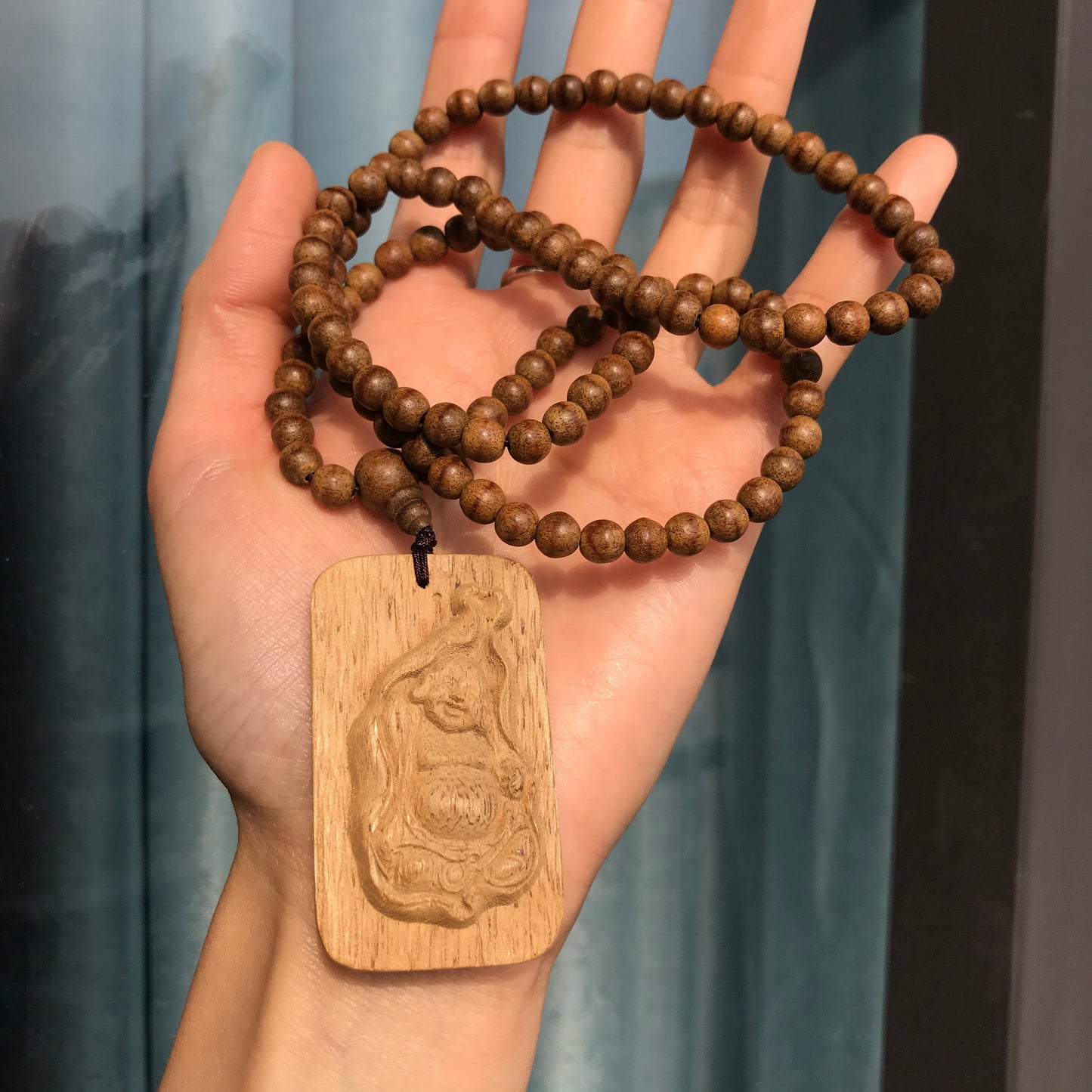 Handmade Kalimantan Agarwood Happy Maiterya Buddha Pendant Necklace Set | 108 Prayer Beads Protection Meditation Buddhism Zen